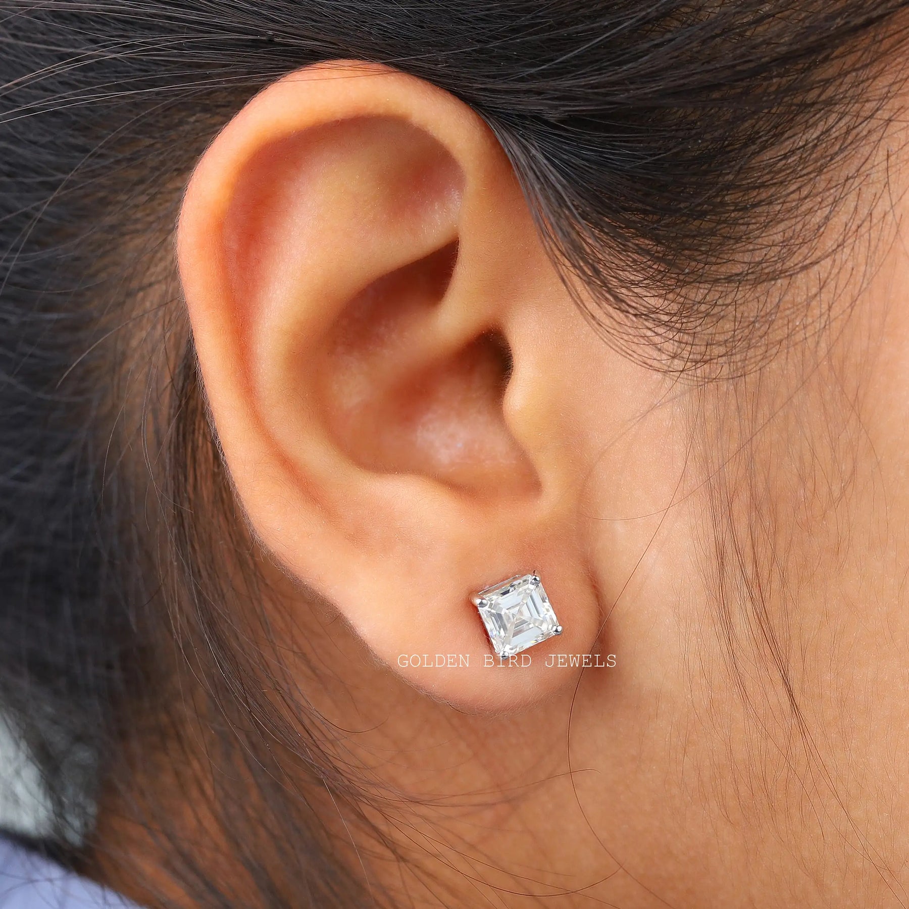 In Ear View Of moissanite Earrings in four prongs settin