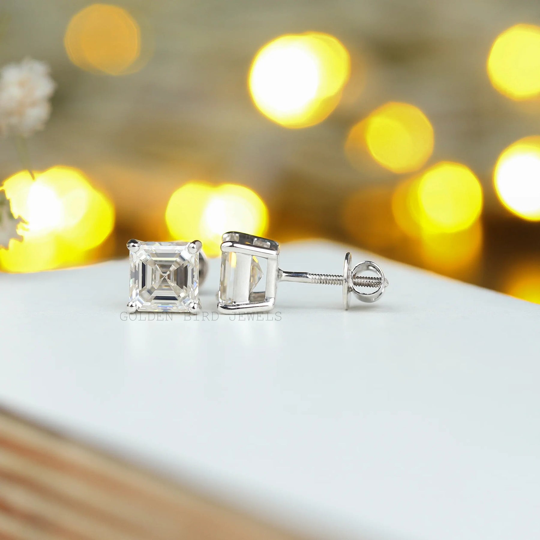 In close view of Front and back view moissanite stud earrings