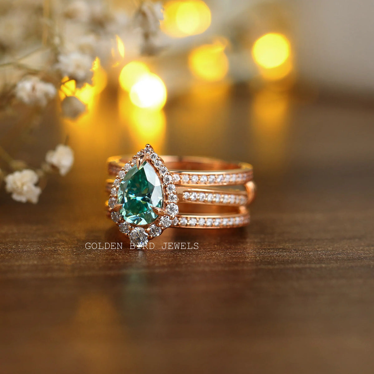 Moissanite  wedding ring set in yellow gold