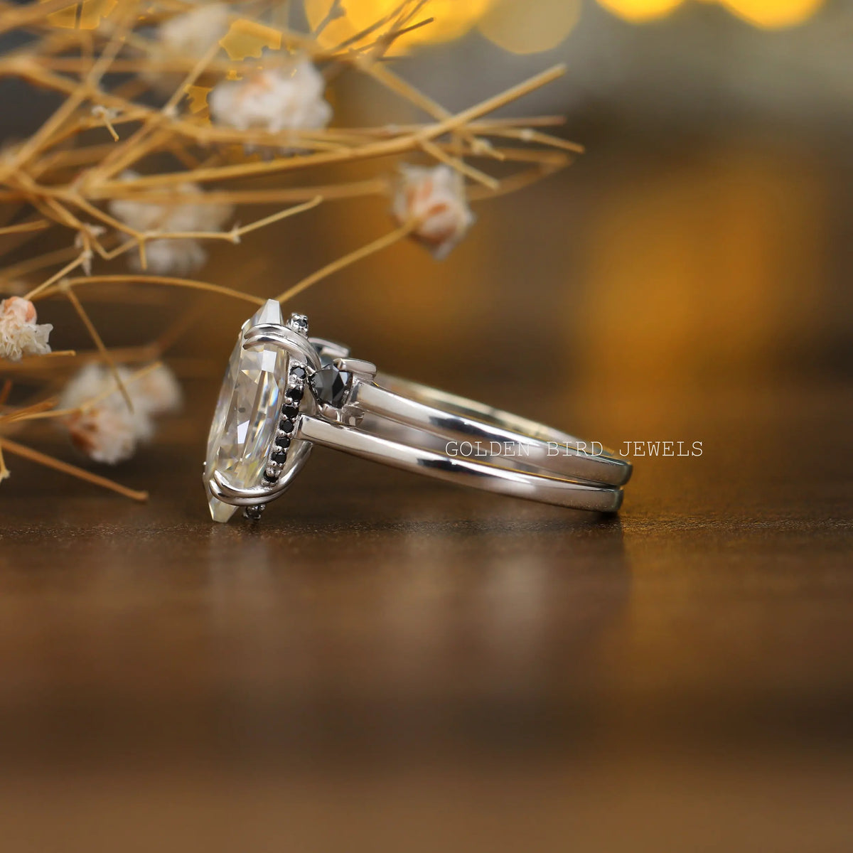Detailed View of Marquise Cut Hidden Halo Trillion Ring In White Gold