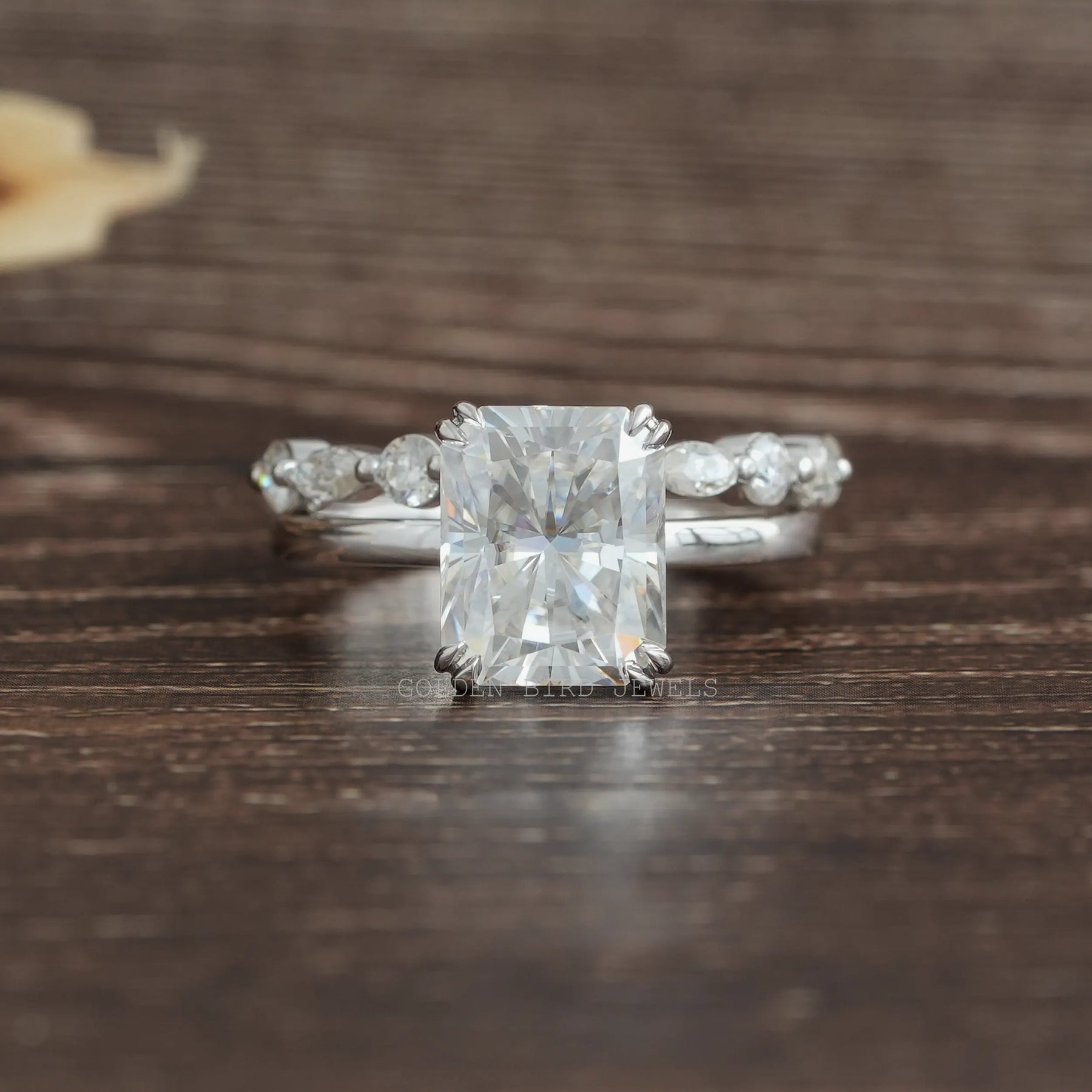 View of Radiant Cut Moissanite Half Eternity Wedding Band In White Gold