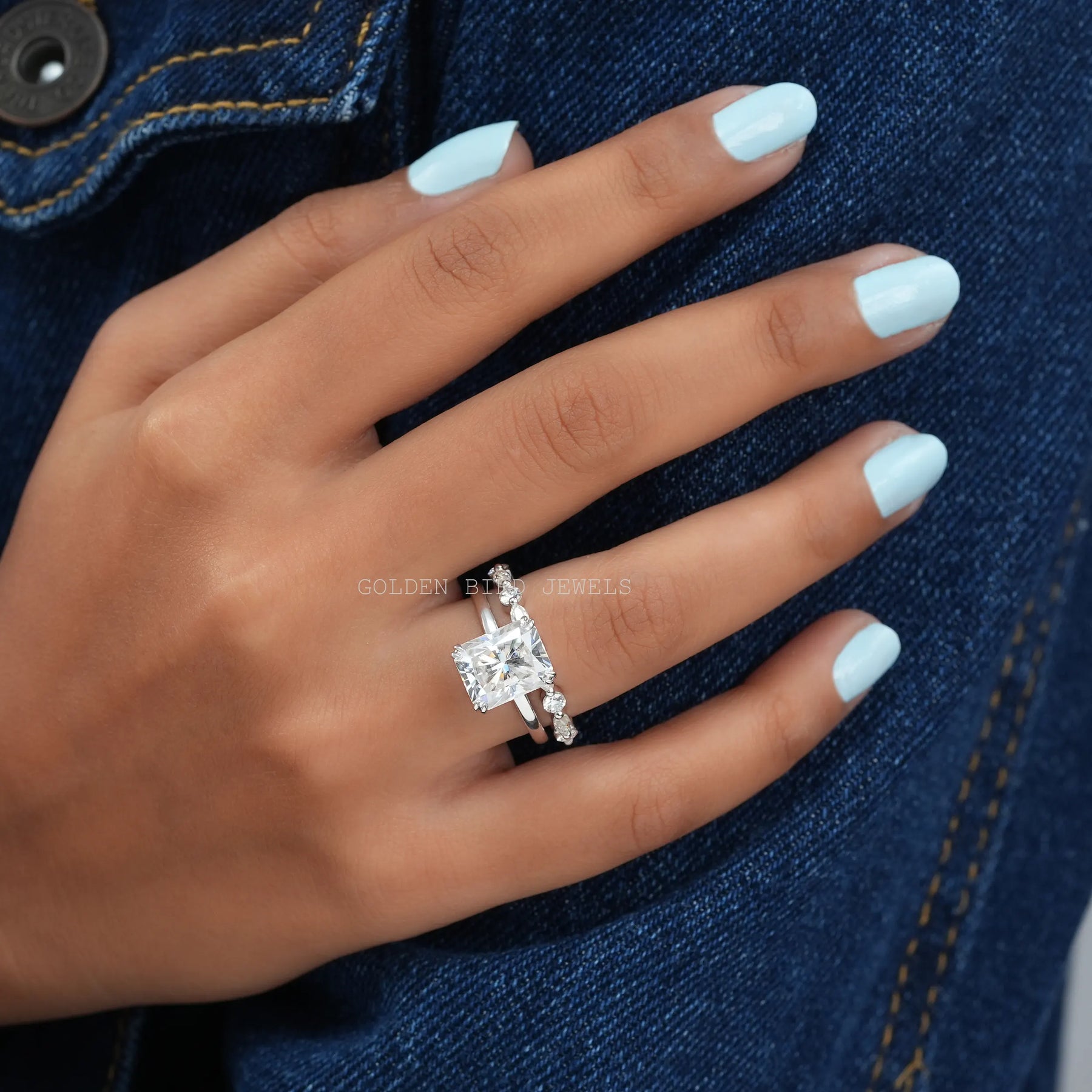 Detailed View of Radiant Cut Moissanite Half Eternity Matching Band In White Gold