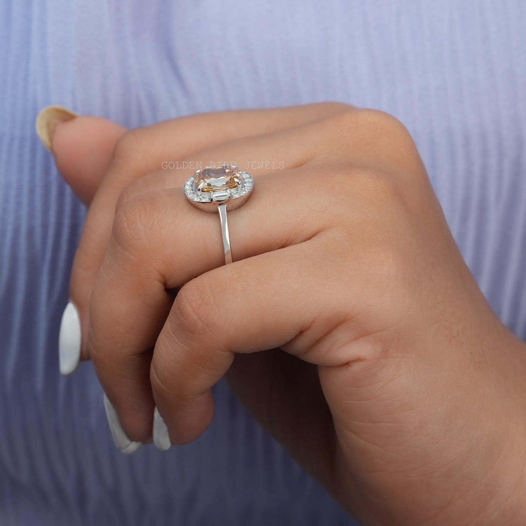 View of Criss Cut Cushion Halo Moissanite Engagement Ring In 14k White Gold