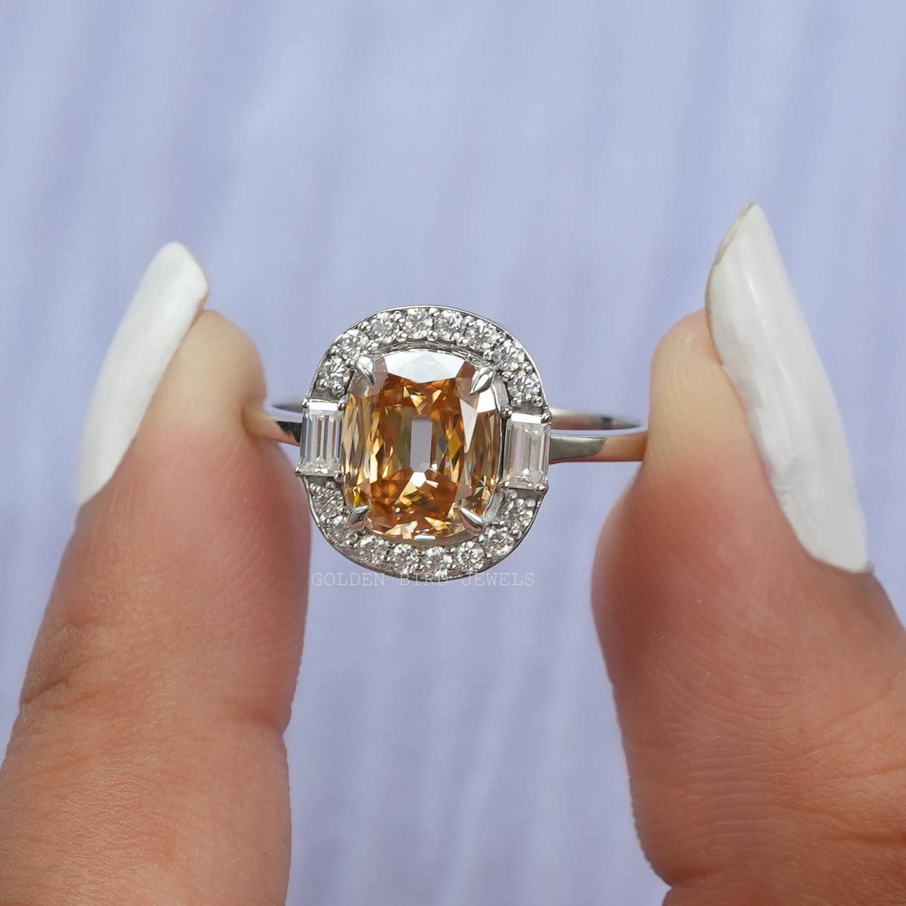 Front View of Criss Cut Cushion Halo Moissanite Ring In two Fingers