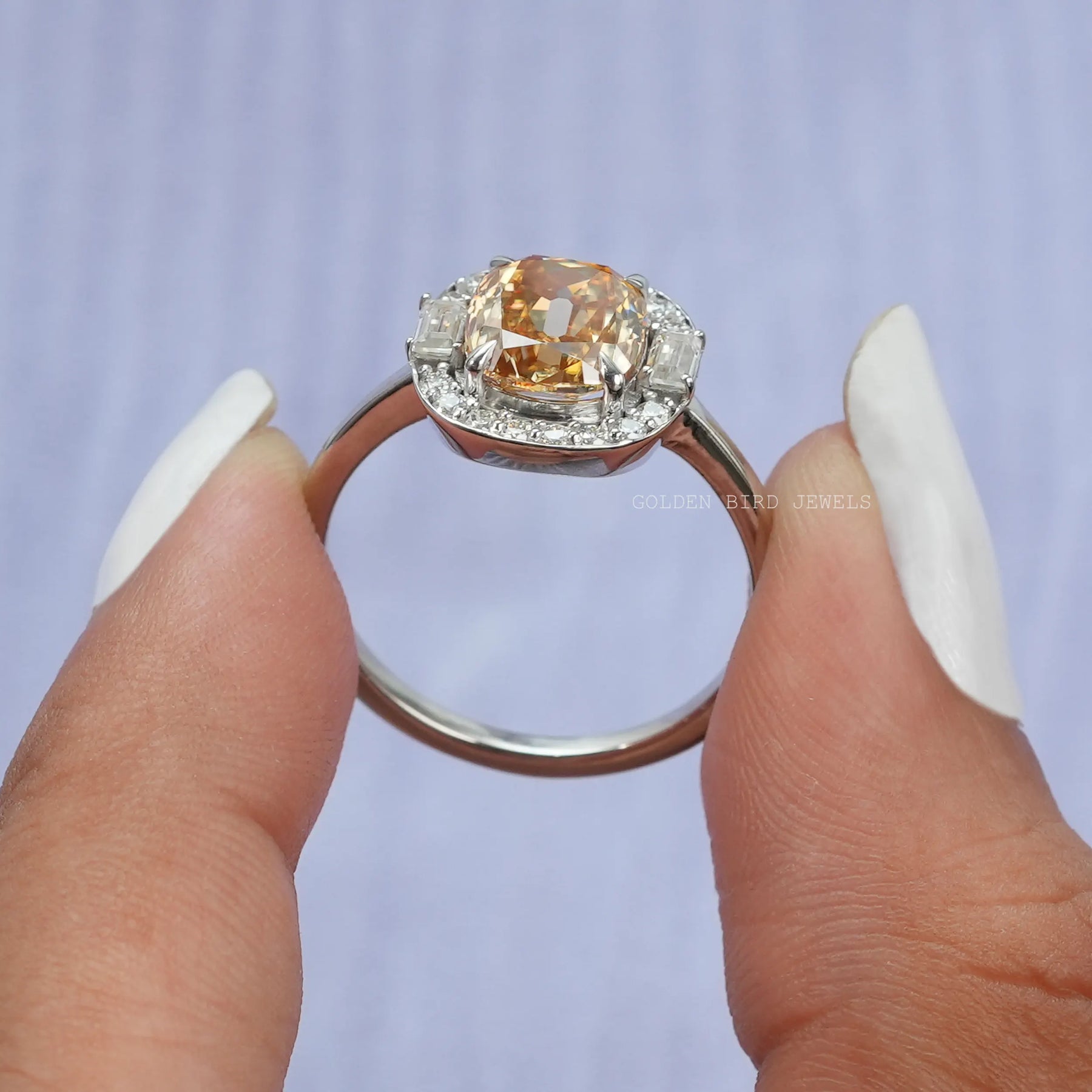 Back View of Criss Cut Moissanite Ring In two fingers