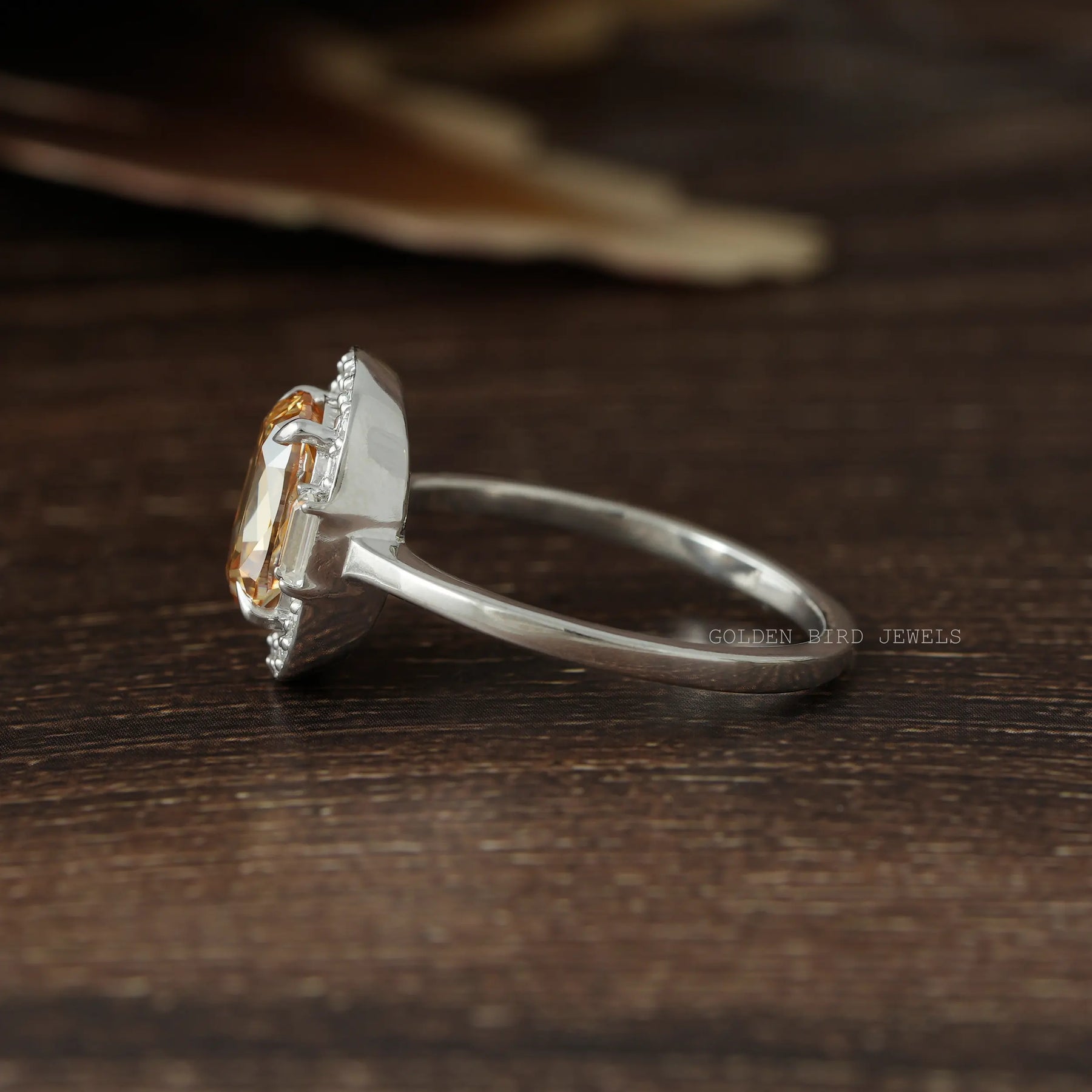Side View of Champagne Criss Cut Cushion Moissanite Ring