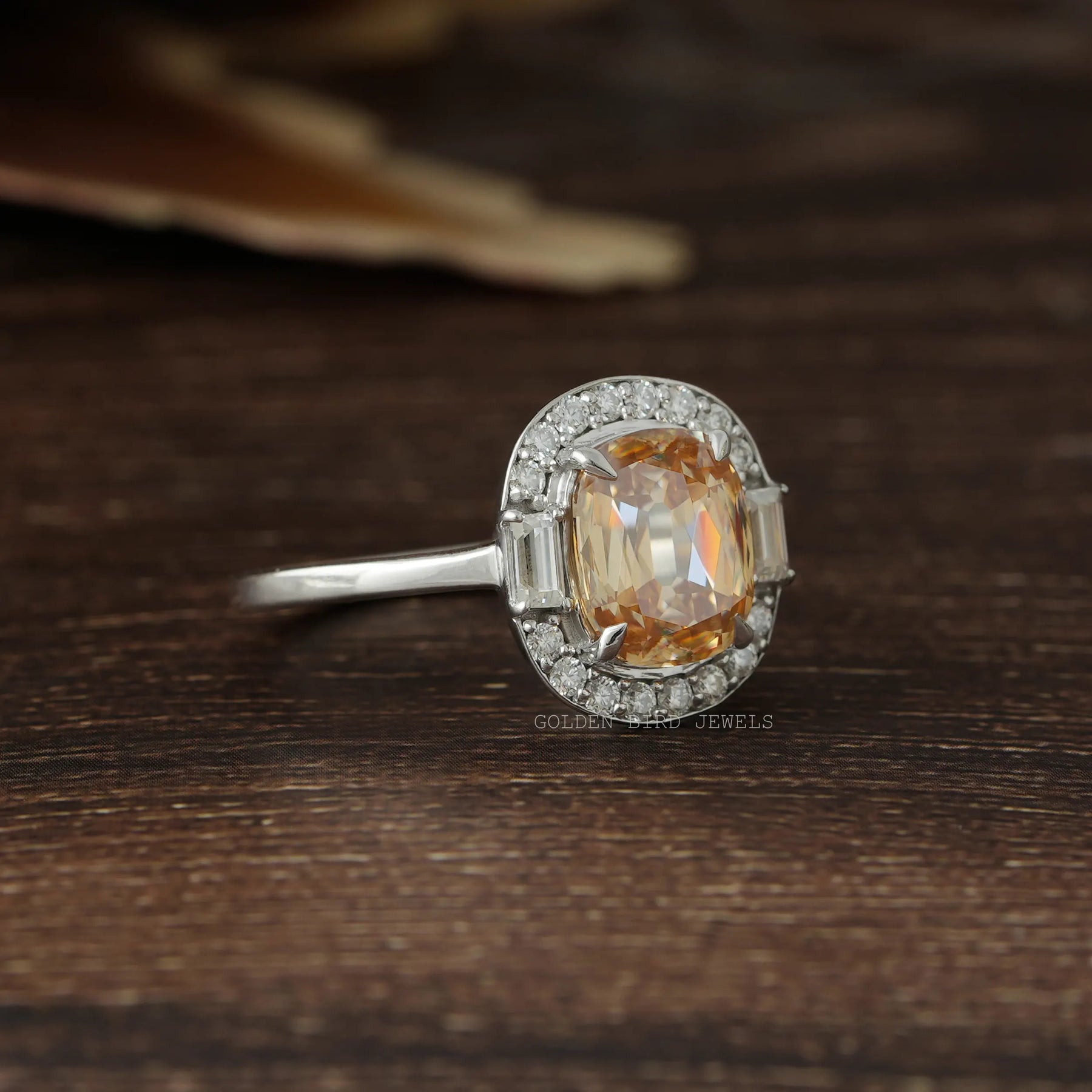 View of Baguette and Criss Cut Cushion Moissanite Engagement Ring