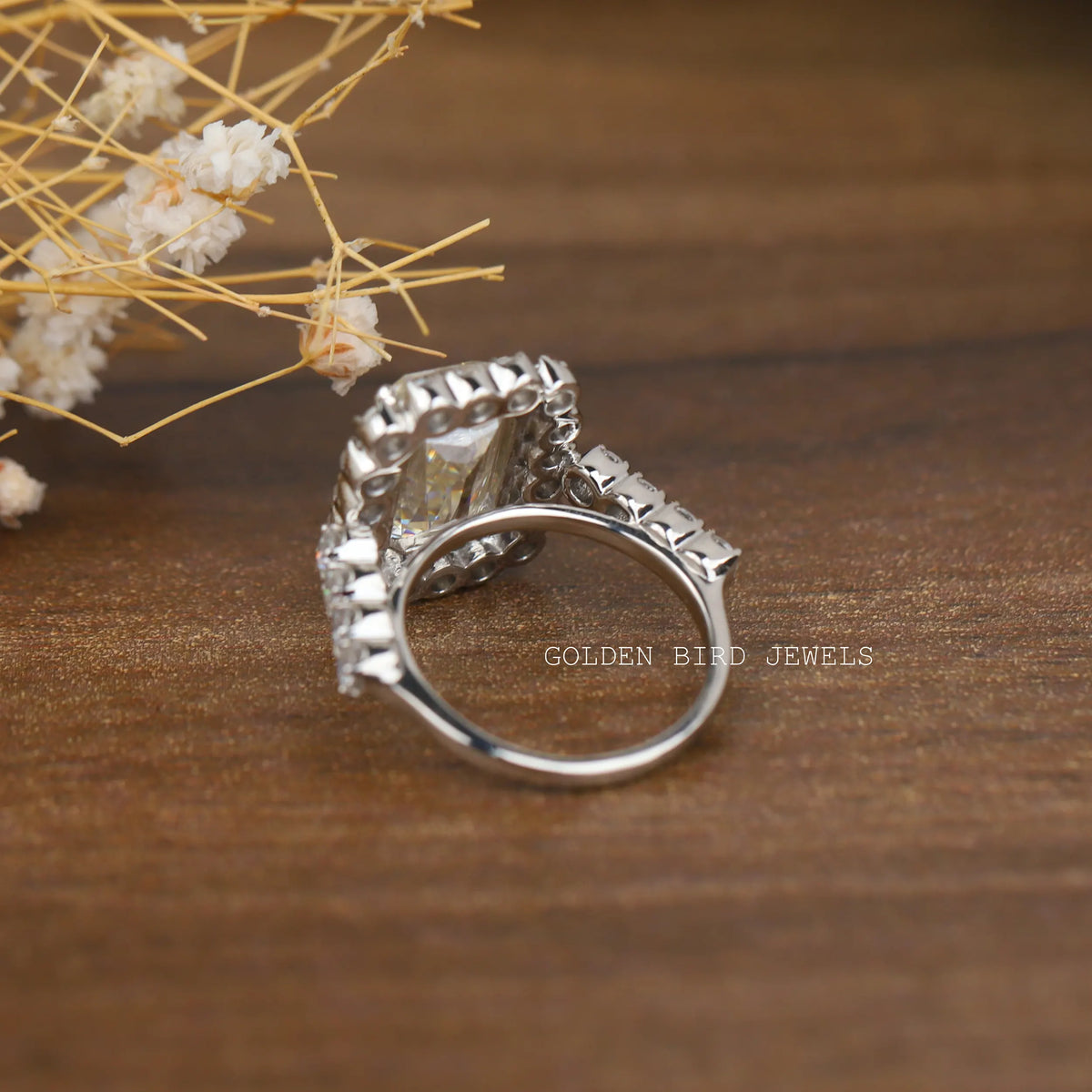 View of Criss Cut Colorless Moissanite Halo Ring In White Gold
