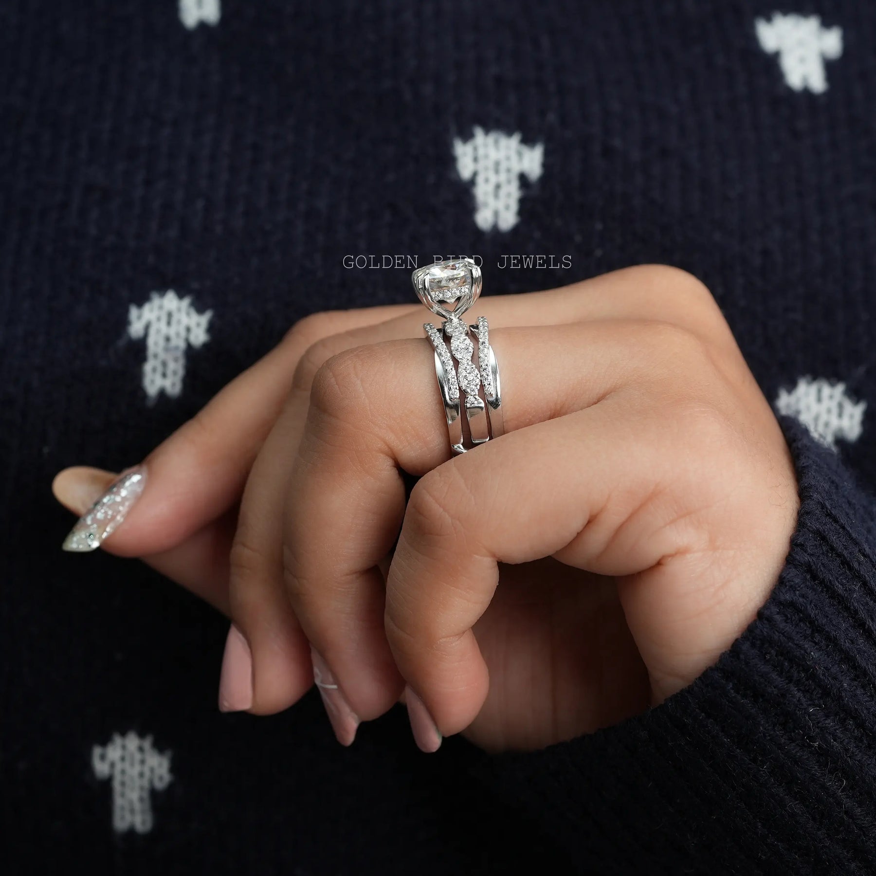 Side View of Vintage Style Three Row Moissanite Wedding Ring In finger
