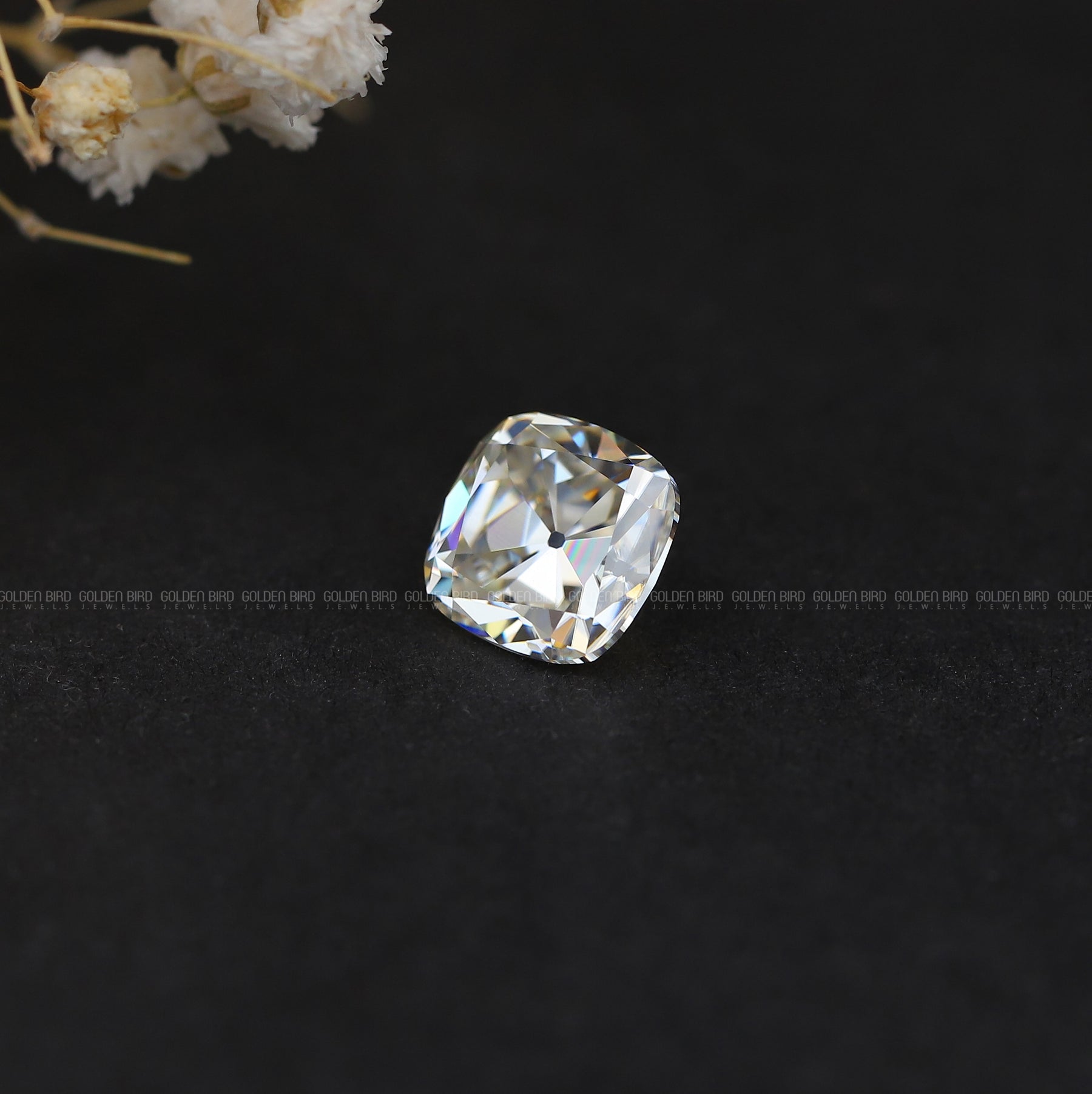 Close view of Off White Cushion Cut Loose Moissanite