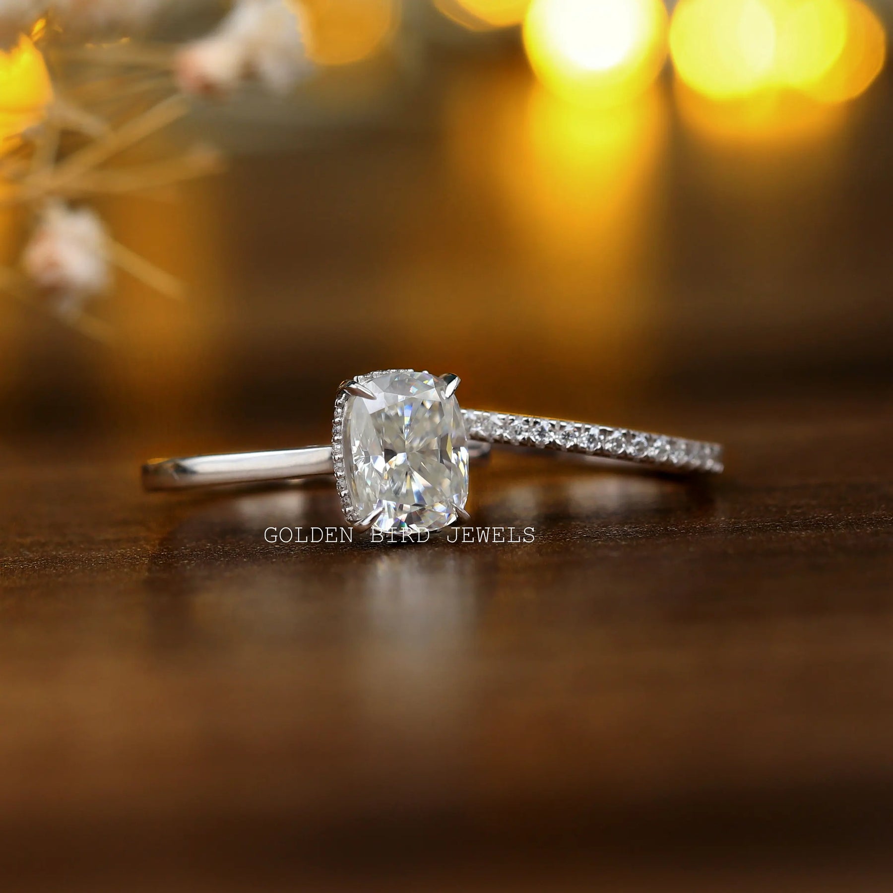 Detailed View of Cushion Cut Moissanite Bridal Ring Set In White Gold