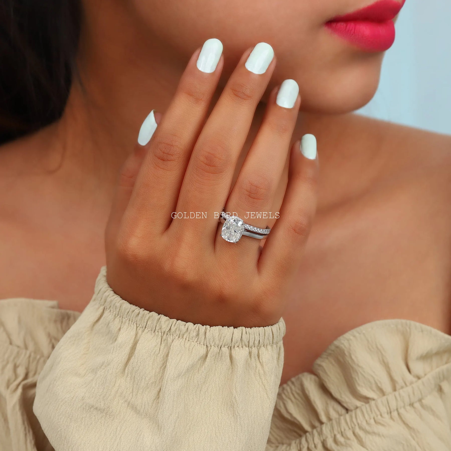 Detailed View of Cushion Cut Moissanite Bridal Wedding Ring In White Gold
