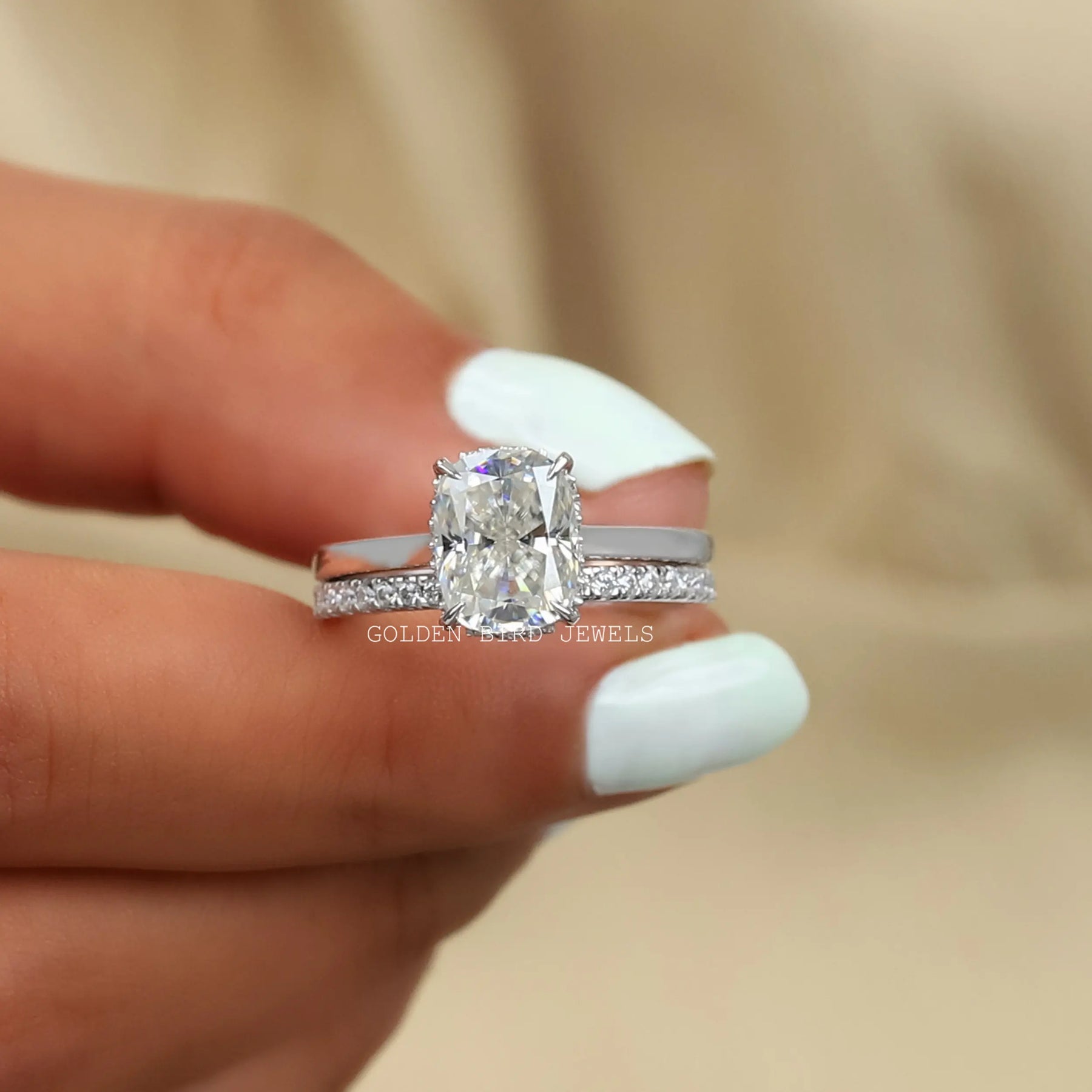 Front View of Cushion Cut Moissanite Bridal Wedding Ring In two Fingers