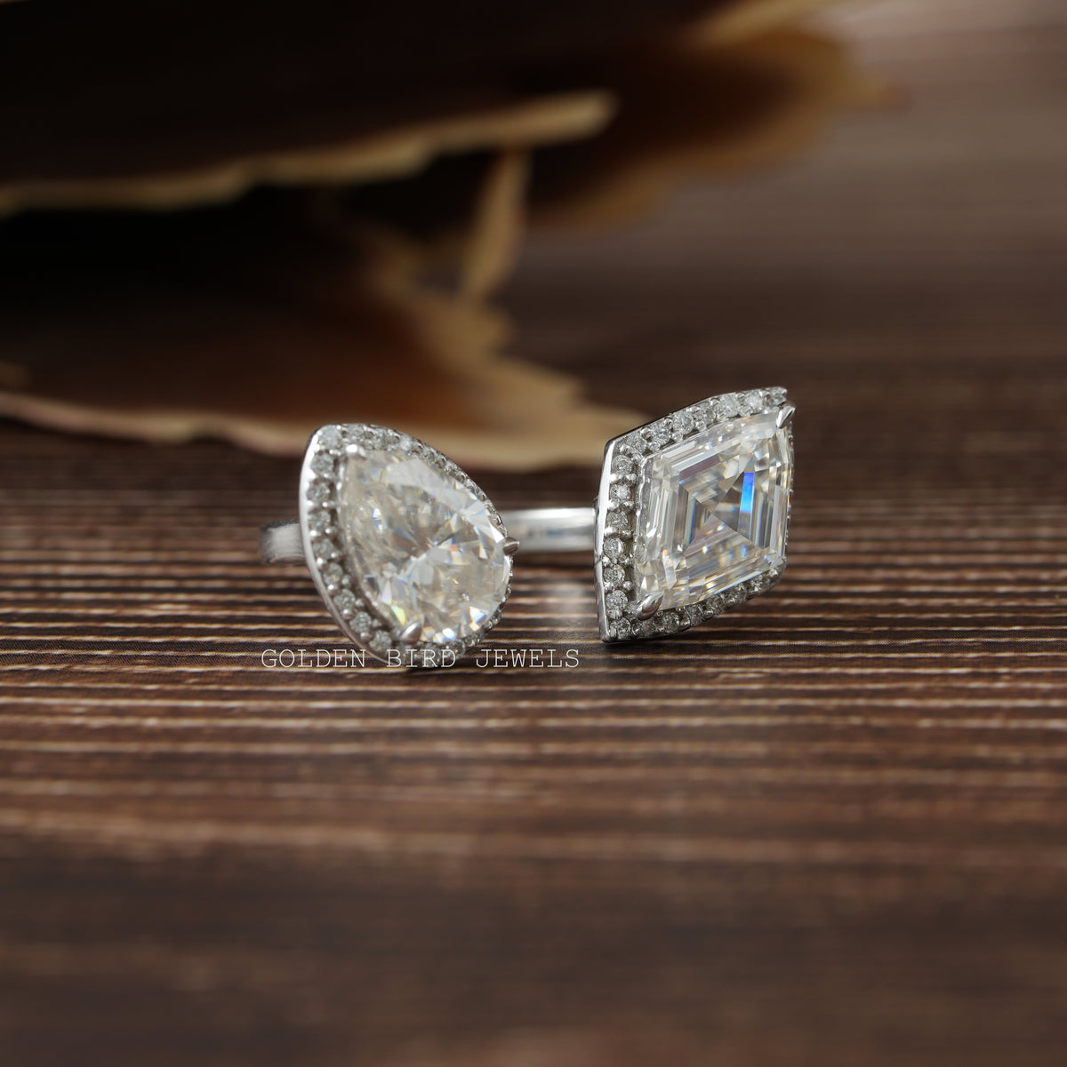 View of  Step cut moissanite engagement ring in white gold