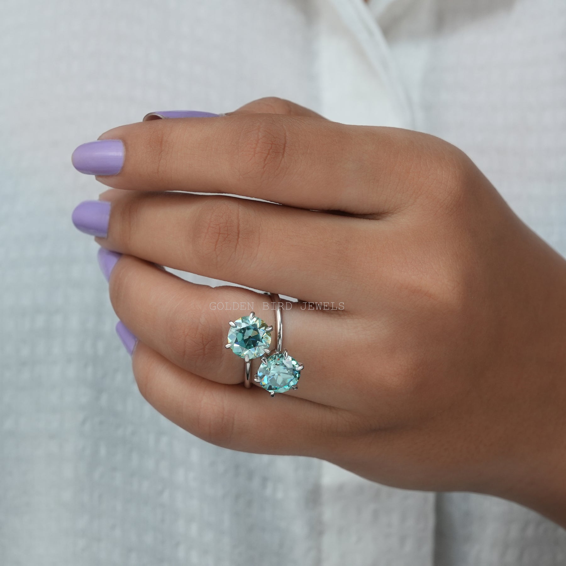 Blue Round Two Stone Ring In White Gold