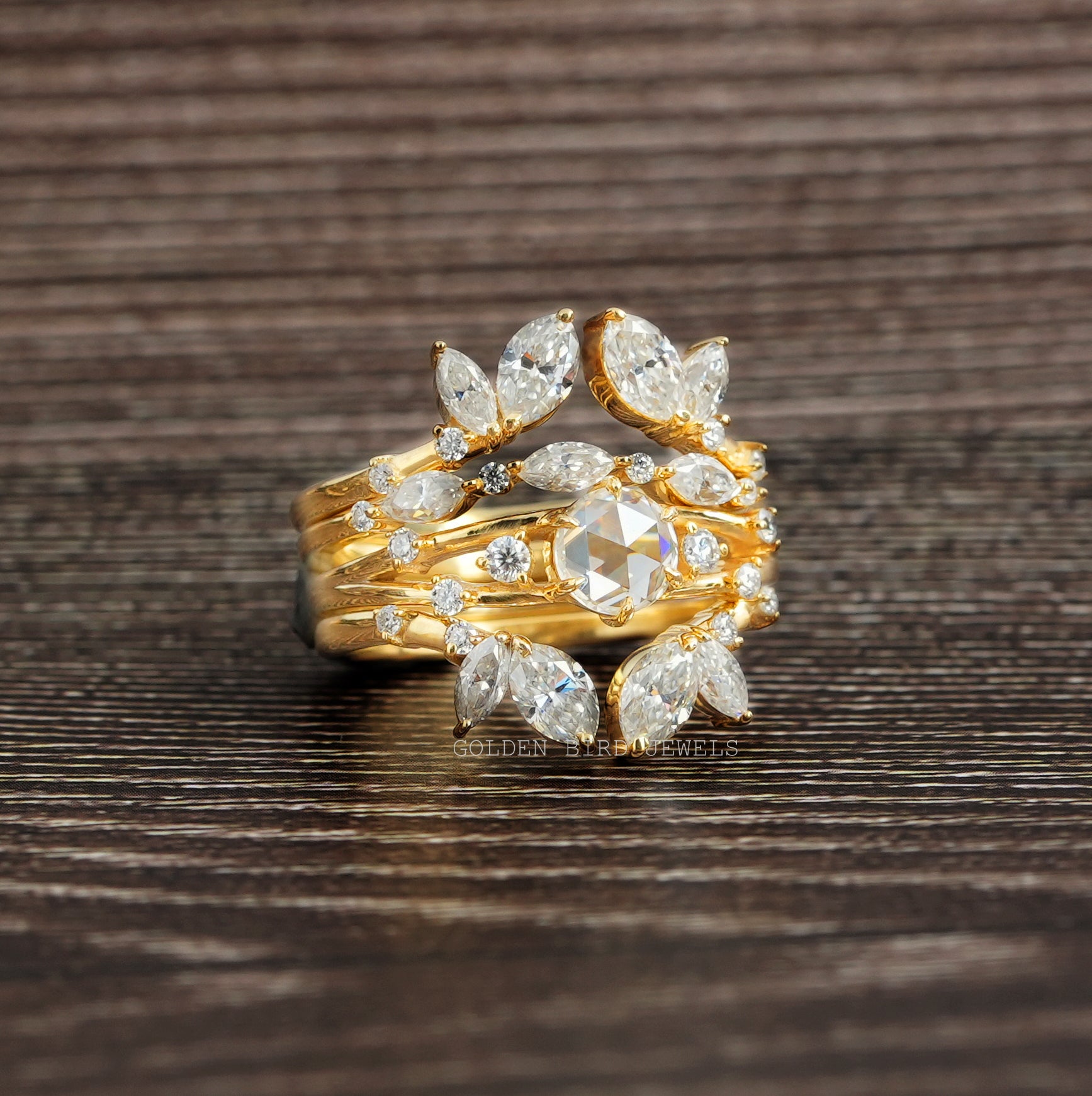 View of Multi Stone Moissanite Cocktail Bridal Ring In Yellow Gold