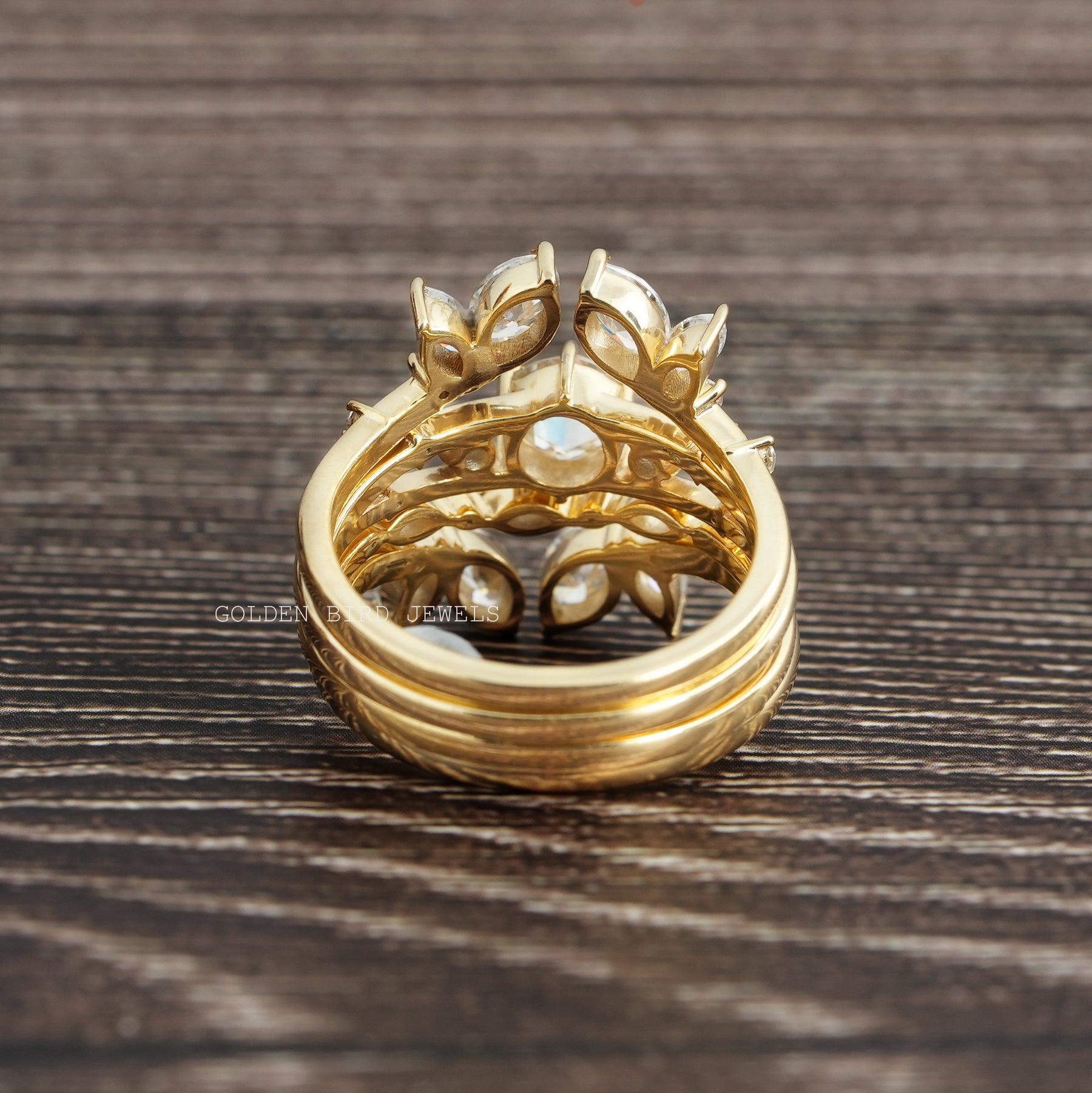View of Multi Stone Moissanite Vintage Bridal Ring In Yellow Gold