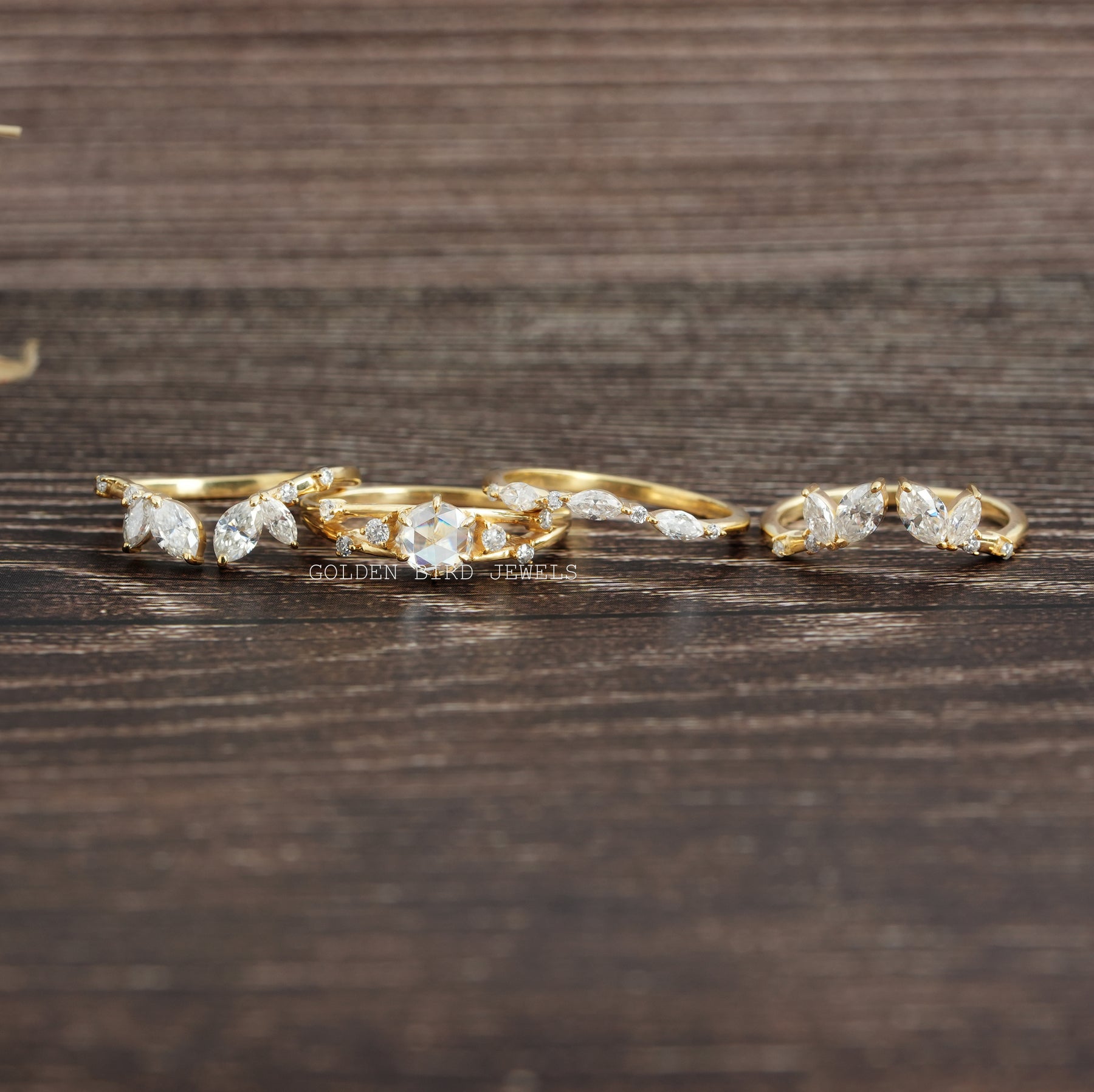 Detailed View of Multi Stone Moissanite Vintage Bridal Ring In Yellow Gold