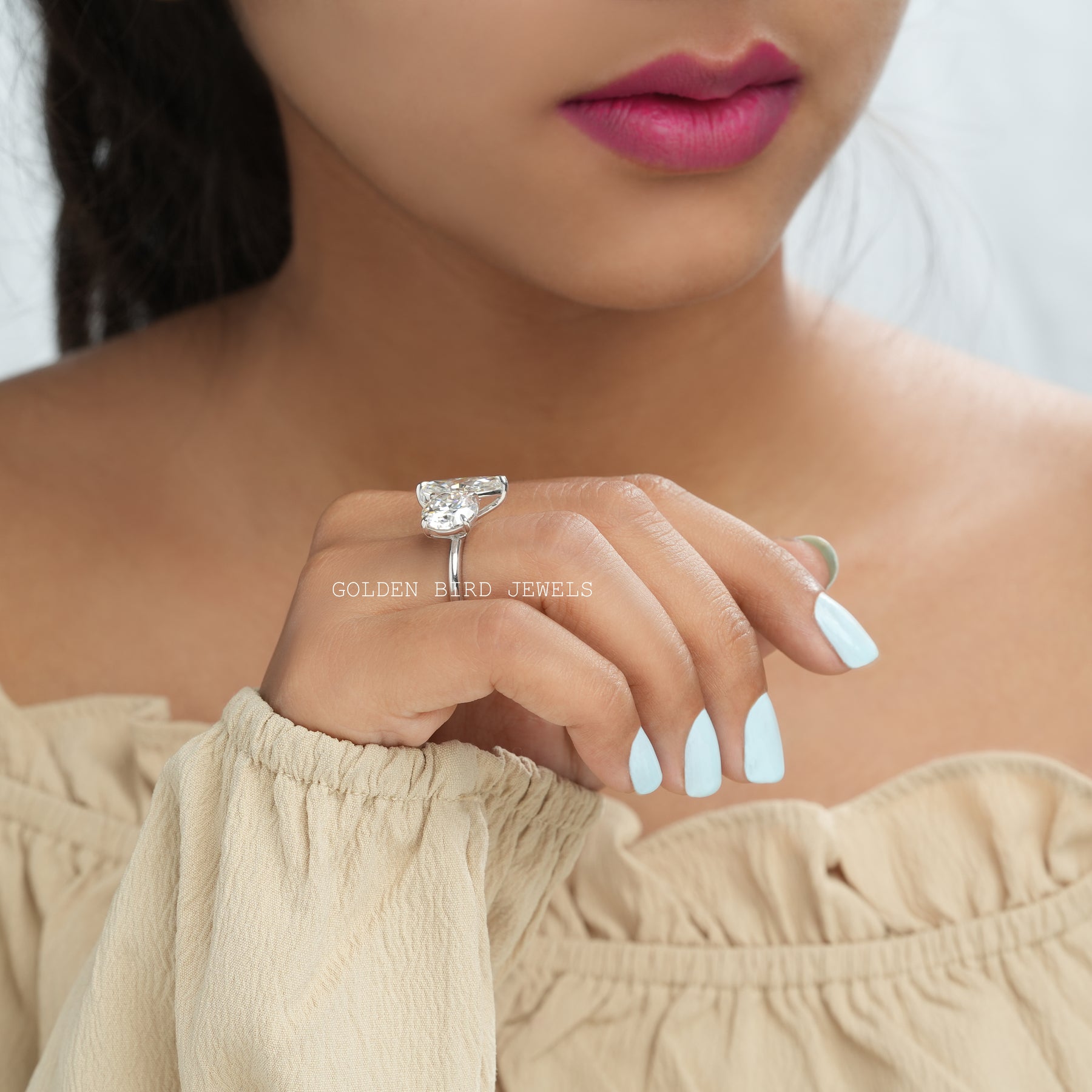 View of Round Moissanite 2 Stone Engagement Ring In Finger