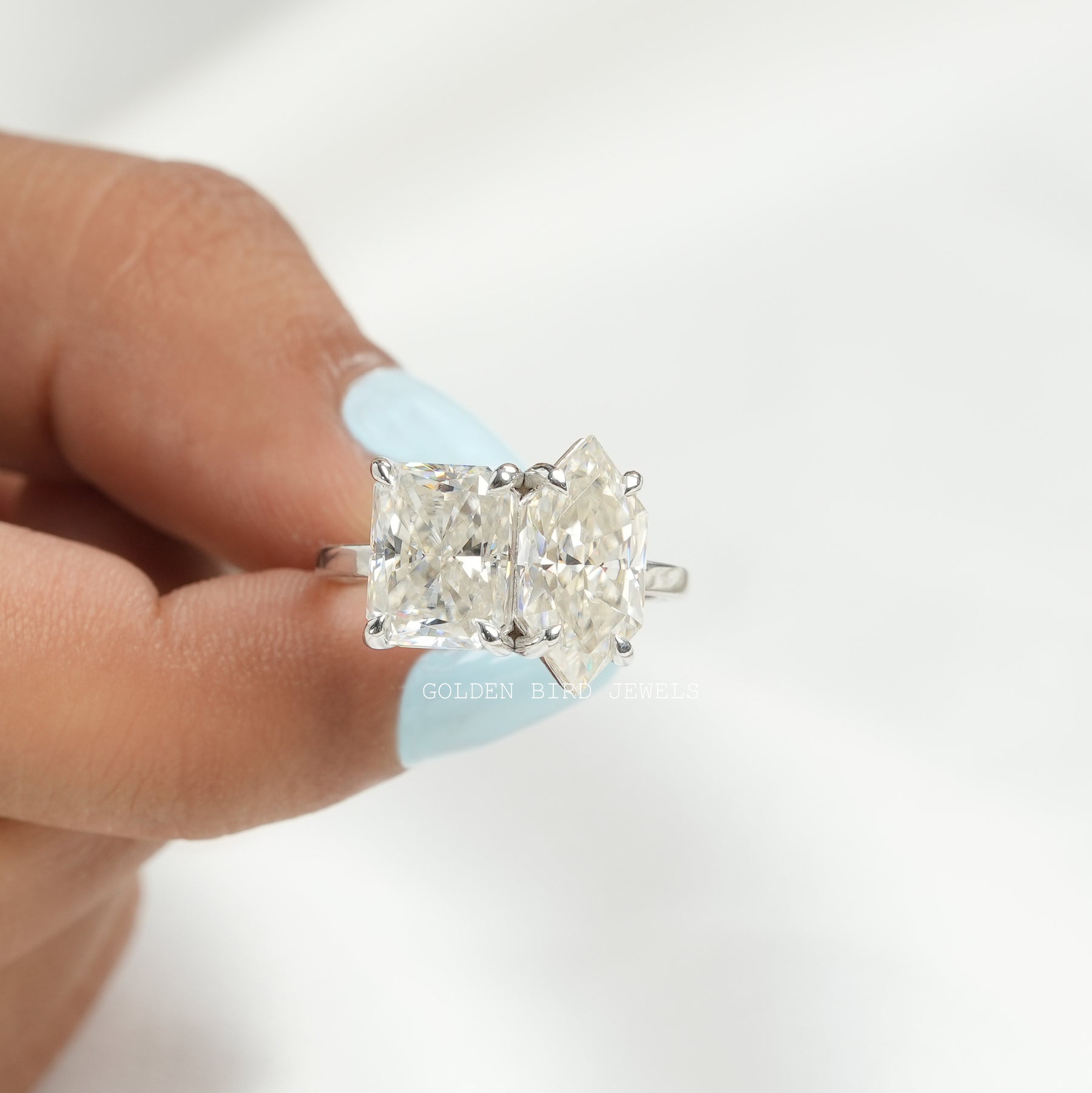 Front View of Radiant & Marquise Cut Moissanite Ring Set In two Fingers