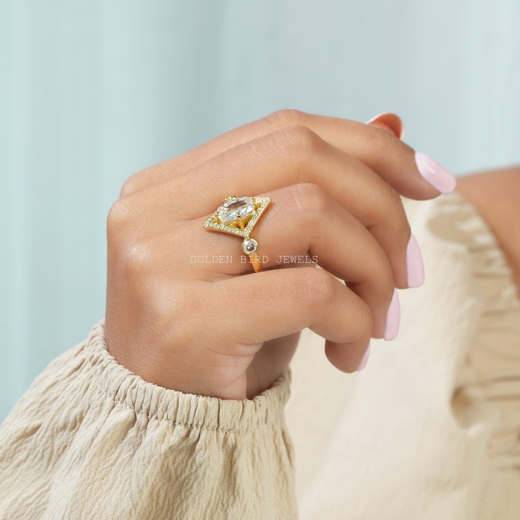 View of Moissanite Rose Cut Cushion Engagement Ring In Finger