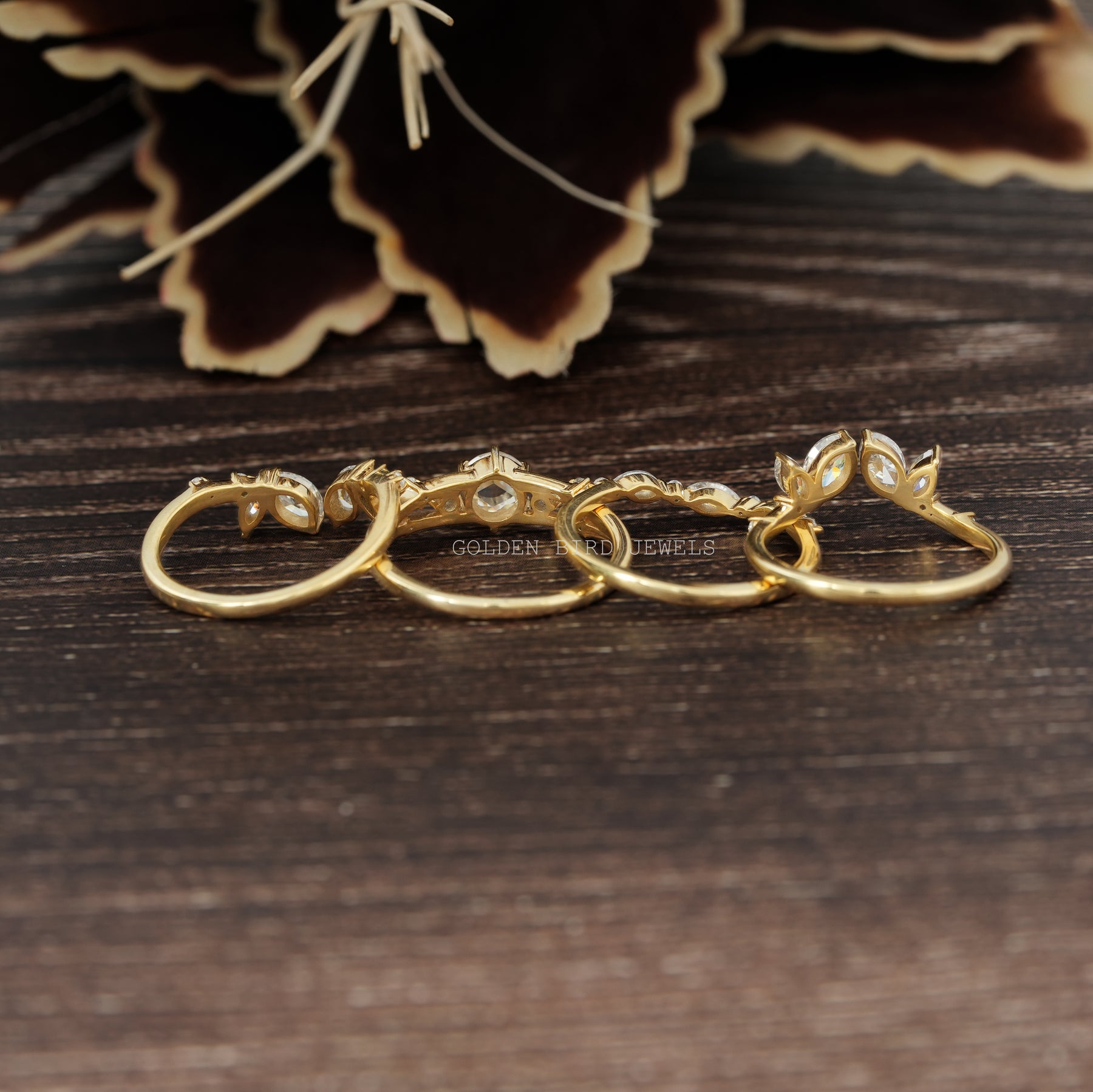 View of Moissanite Cocktail Bridal Ring Set In Yellow Gold