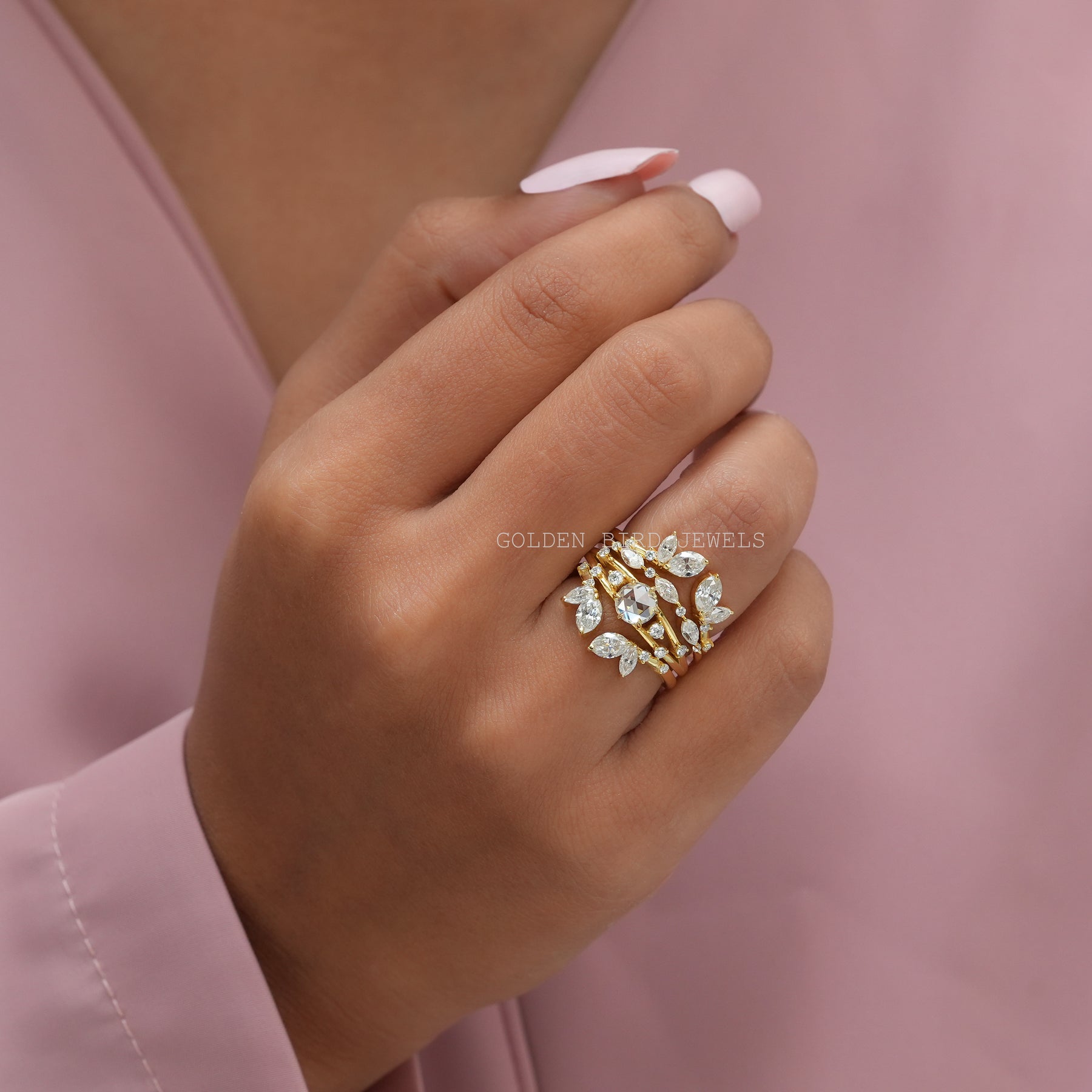 View of Multi Stone Moissanite Vintage Bridal Set In Finger