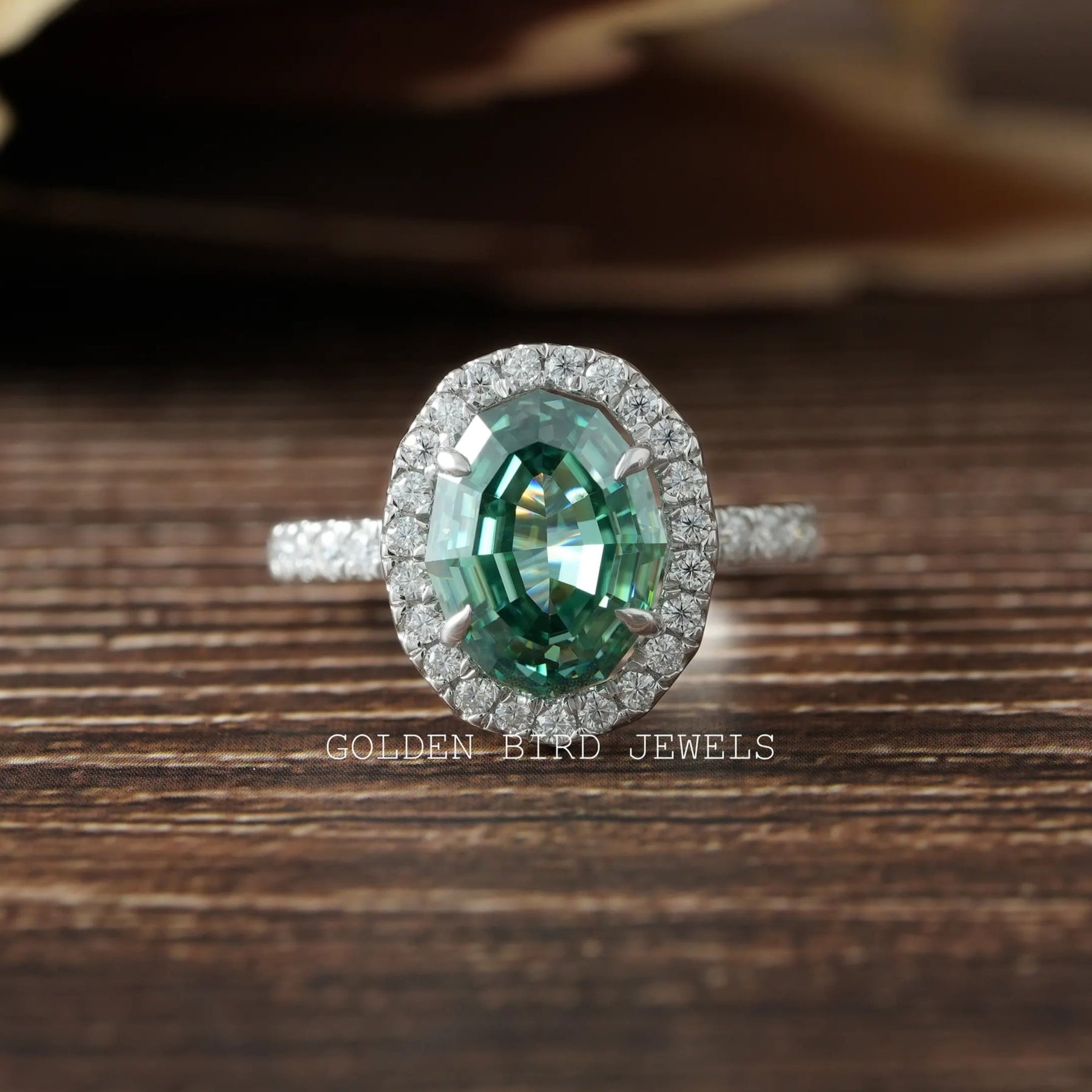 Oval cut green Moissanite engagement ring