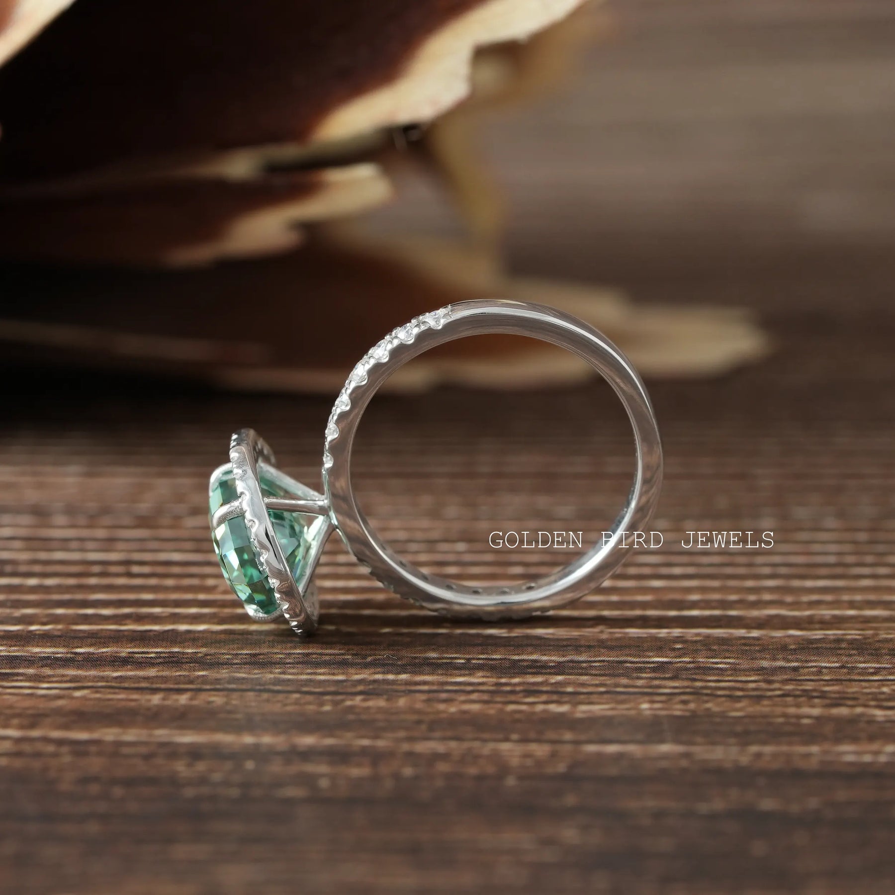 Back view of Halo Ring crafted in oval green moissanite