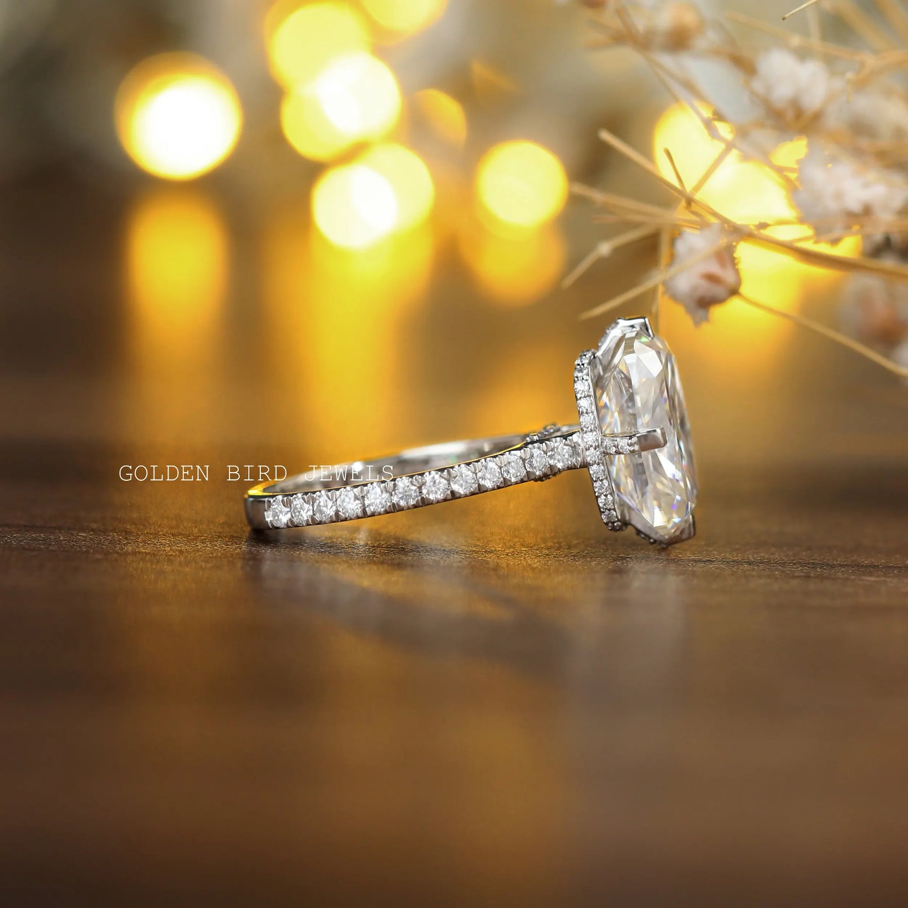 View of Cushion Cut Moissanite Solitaire Engagement Ring In White Gold