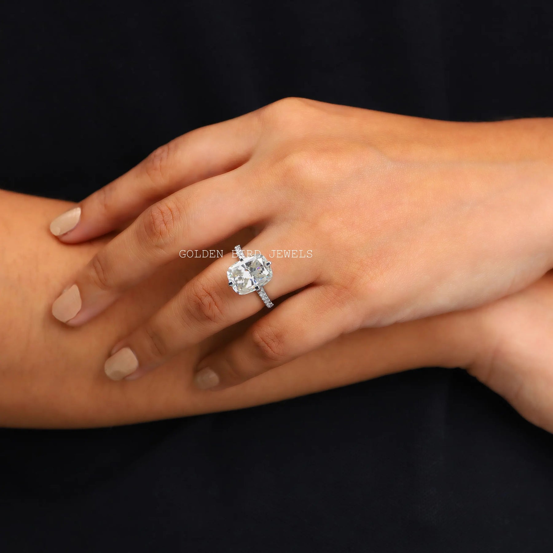 View of Cushion Cut Moissanite Solitaire Engagement Ring In finger