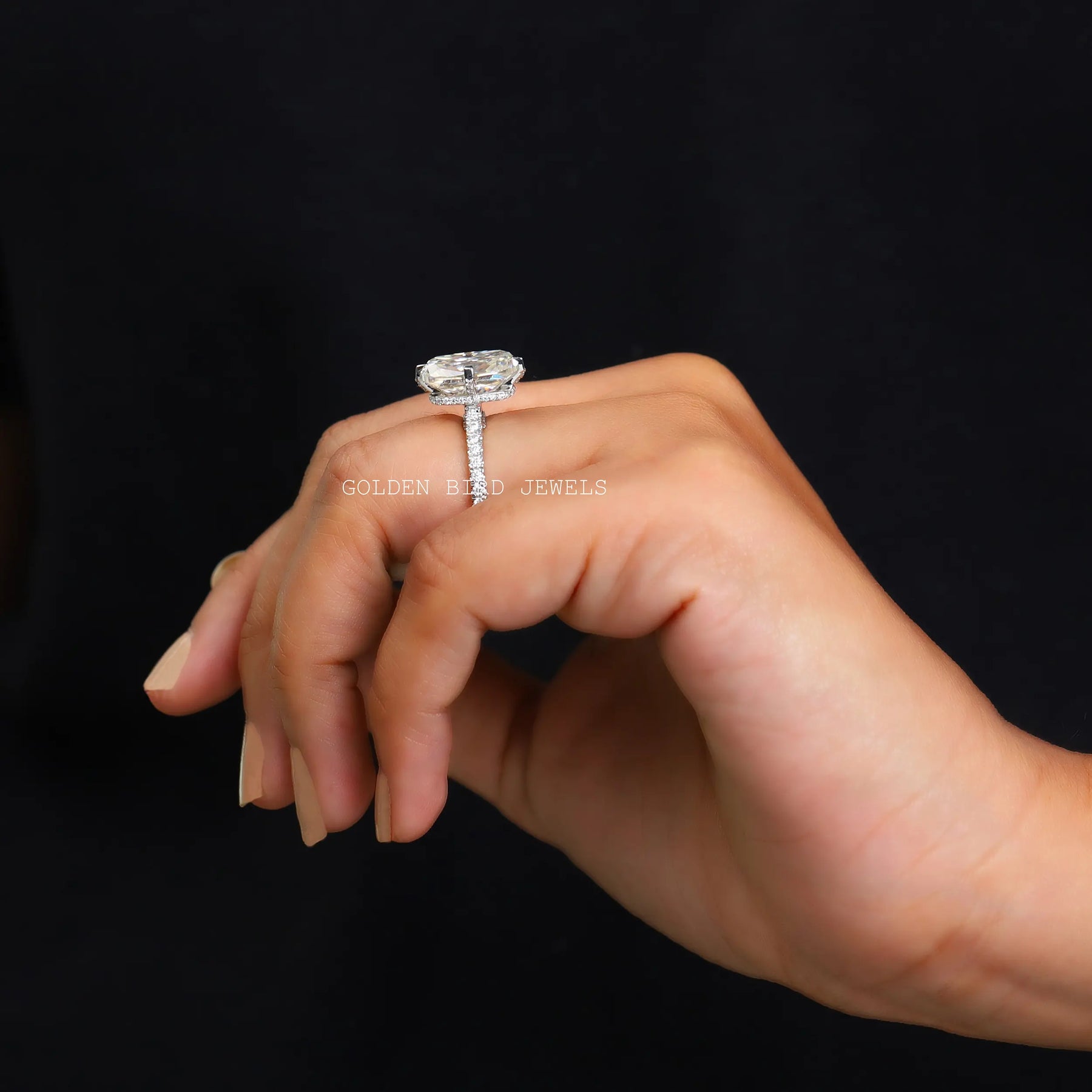 View of Hidden Halo Cushion Cut Moissanite Solitaire Ring In Finger