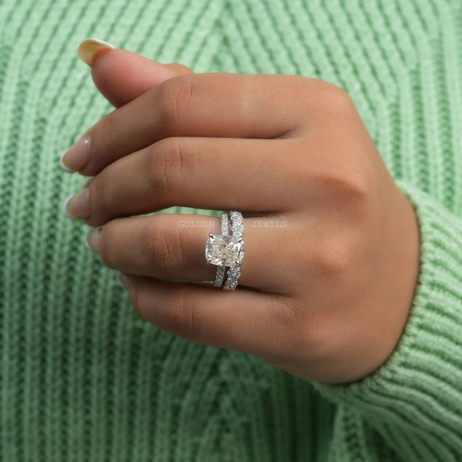 View of Cushion Cut Moissanite Hidden Halo Ring In White Gold