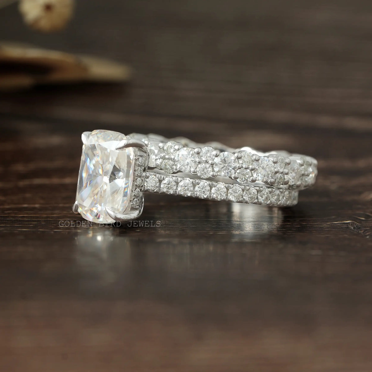 Detailed View Of Cushion Cut Moissanite Hidden Halo Ring In White Gold