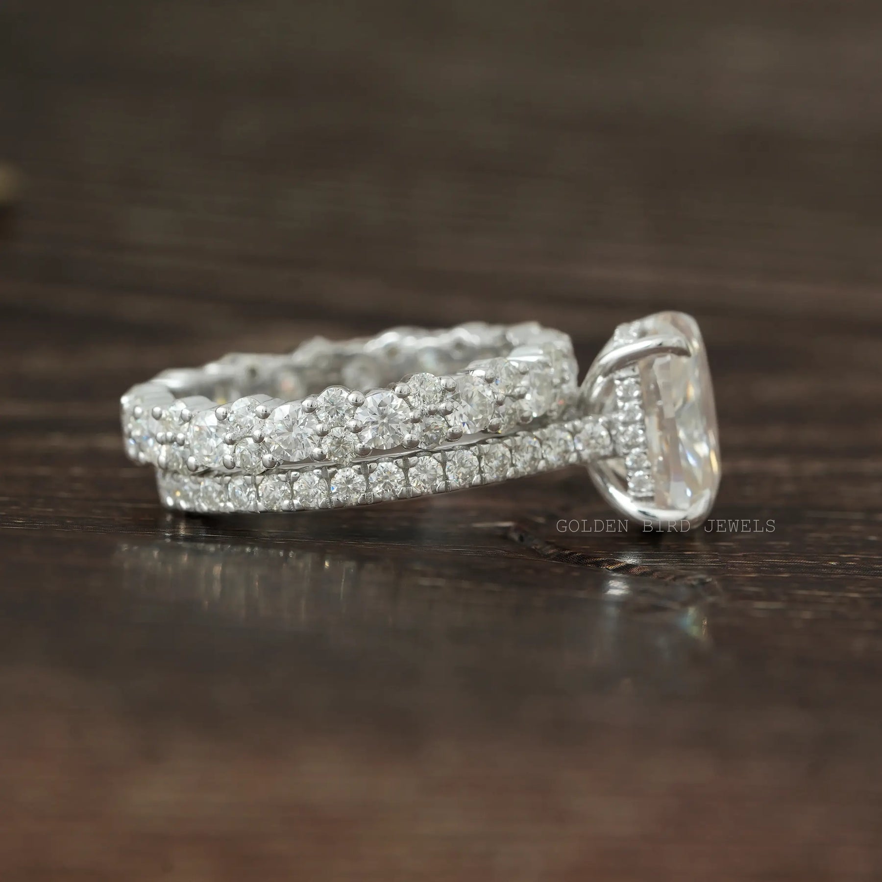 View of Cushion Cut Moissanite Hidden Halo Ring In White Gold