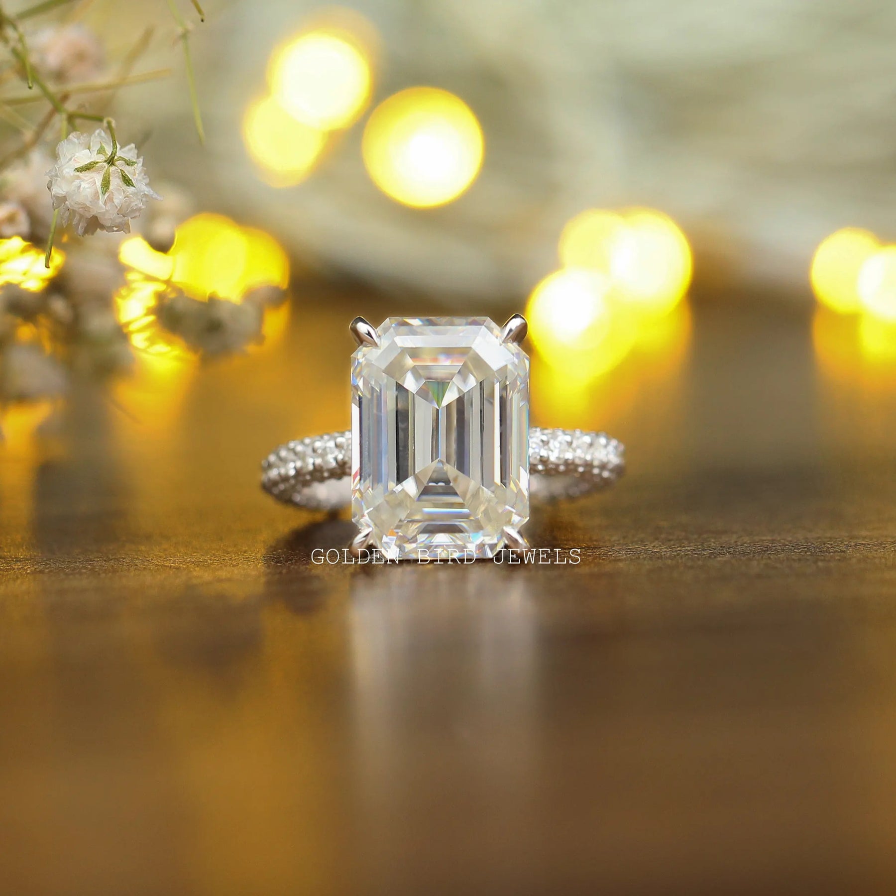 View of Emerald Cut Moissanite Engagement Ring In White Gold