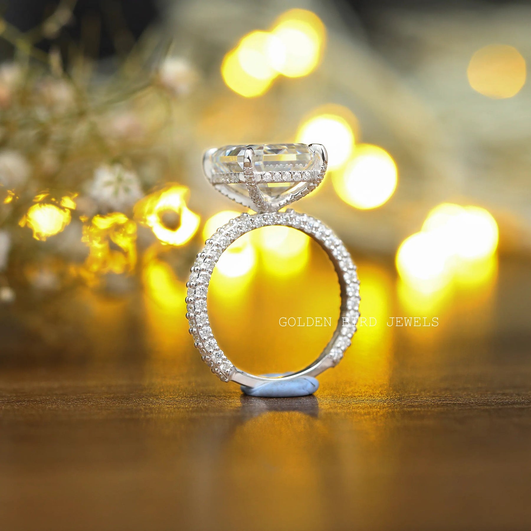 Back View of Emrald Cut Moissanite Solitaire Engagement Ring