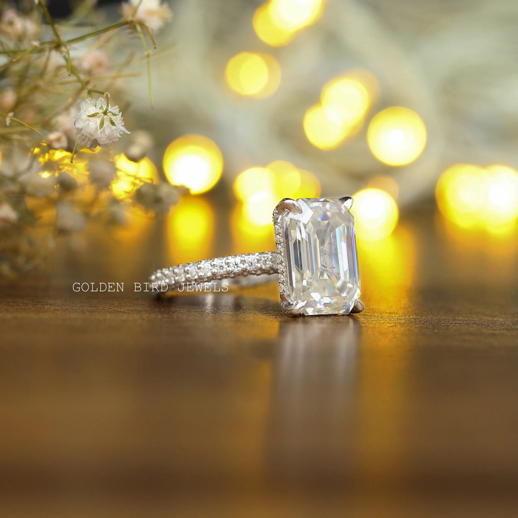 View of Emerald Cut Moissanite Engagement Ring In White Gold