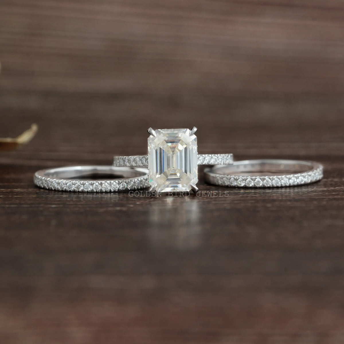 View of  Emerald Cut Moissanite Wedding Ring Set Made Of 4 Prongs