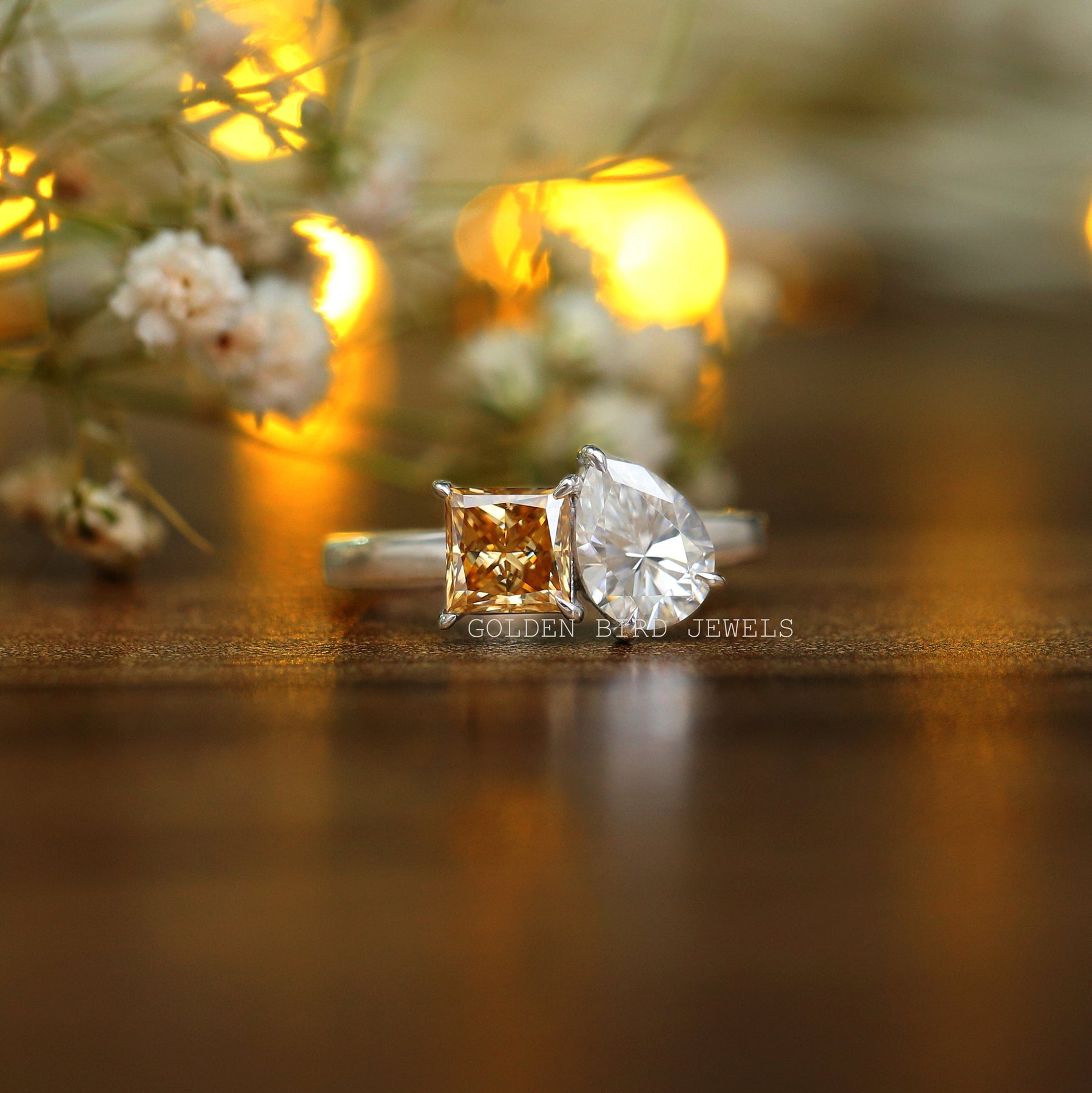 Front view of pear moissanite engagement ring