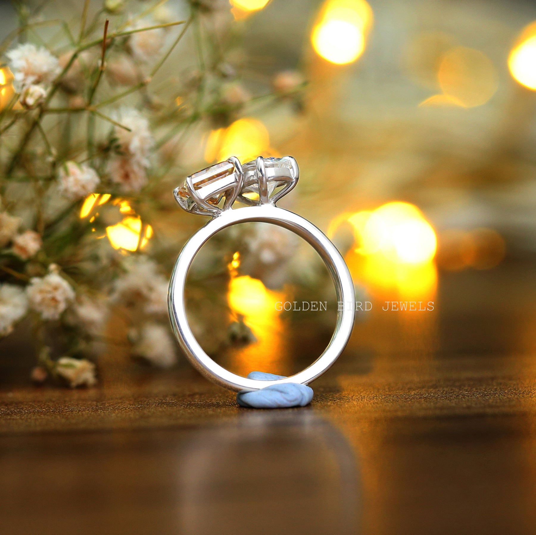 Back view of a pear-cut ring in prongs setting
