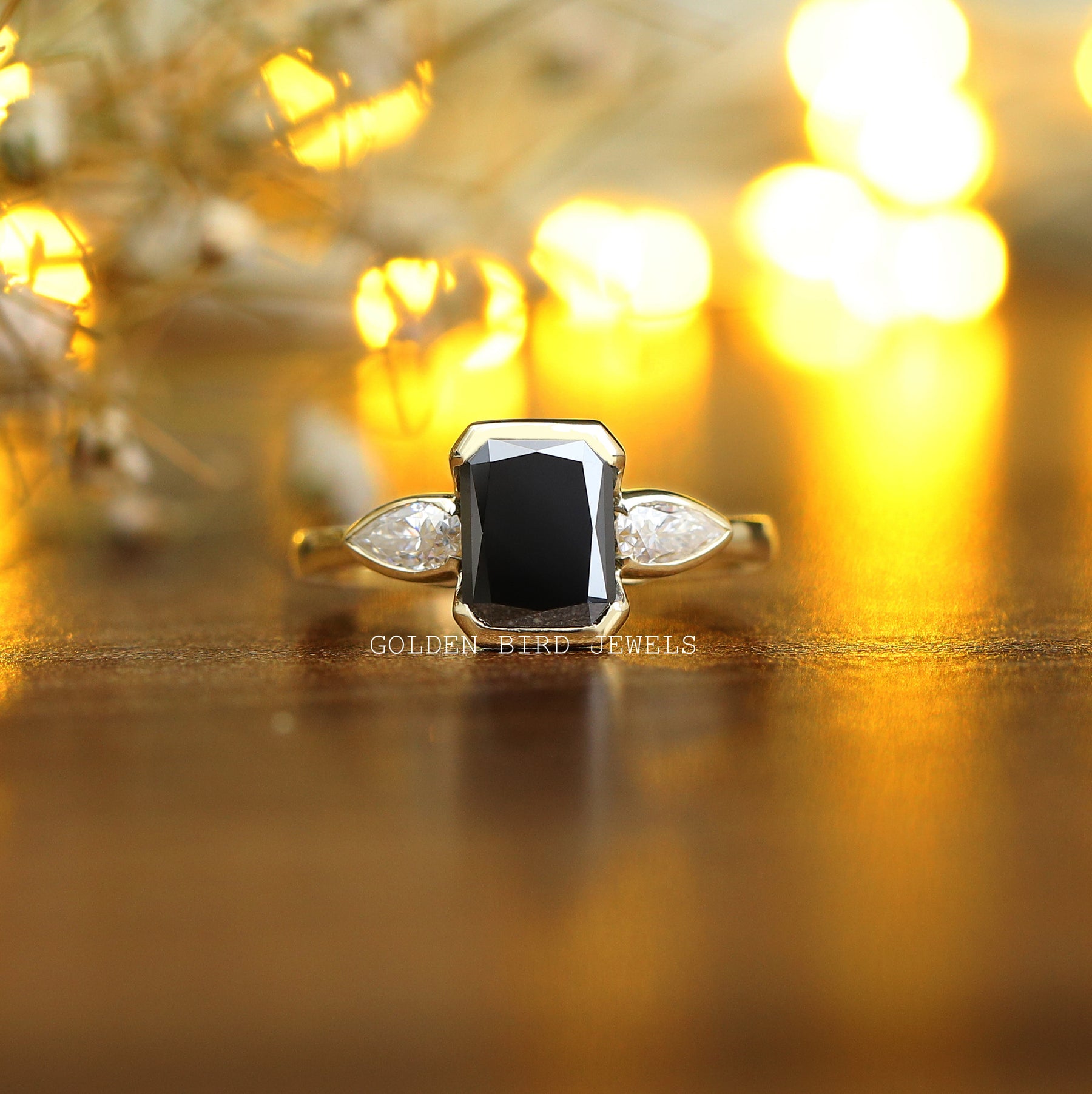 View of Radiant Cut Moissanite Three Stone Ring