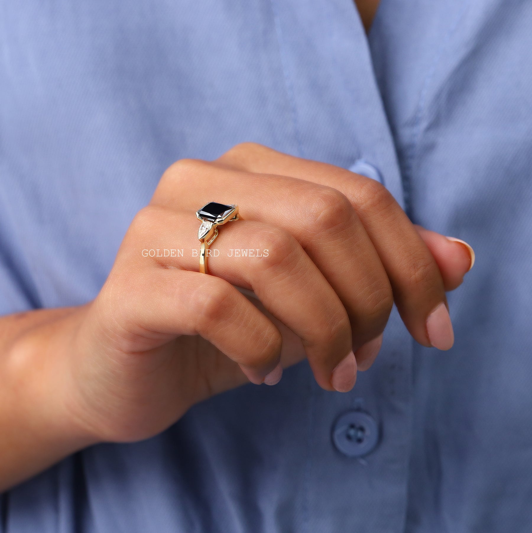 In finger Front view of pear cut moissanite ring for women's wear