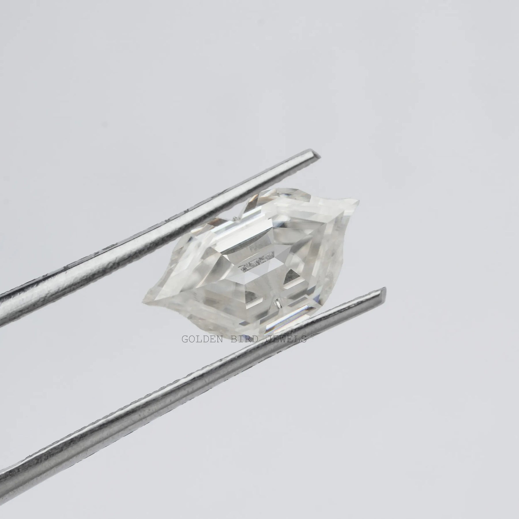 Front view of the tweezer Holding Antique Lips Loose Moissanite Stone In White color