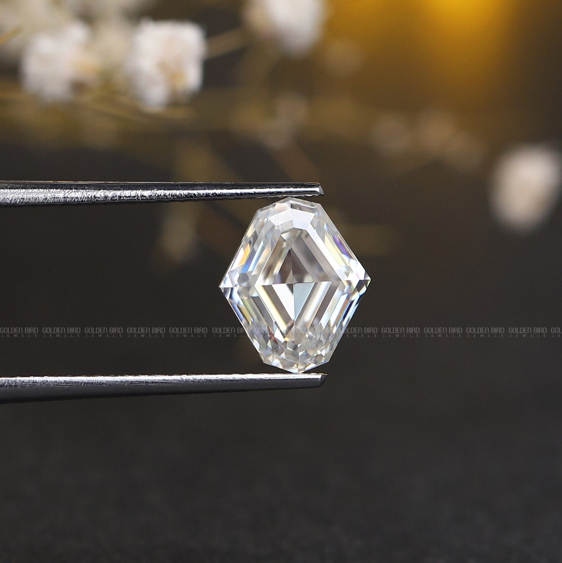 Tweezers holding the Step Cut Moval Shape Loose Moissanite