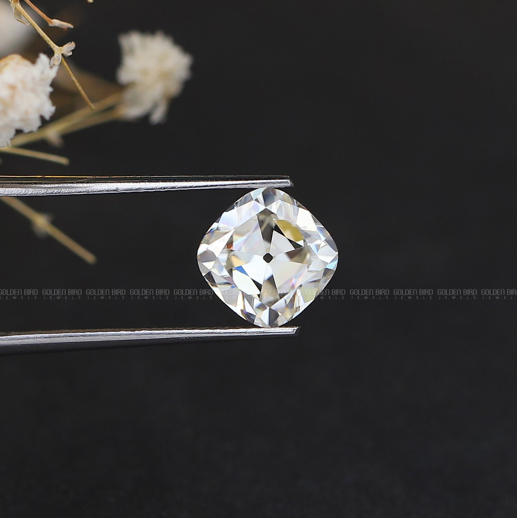 Off White Cushion Cut Loose Moissanite in unique pattern