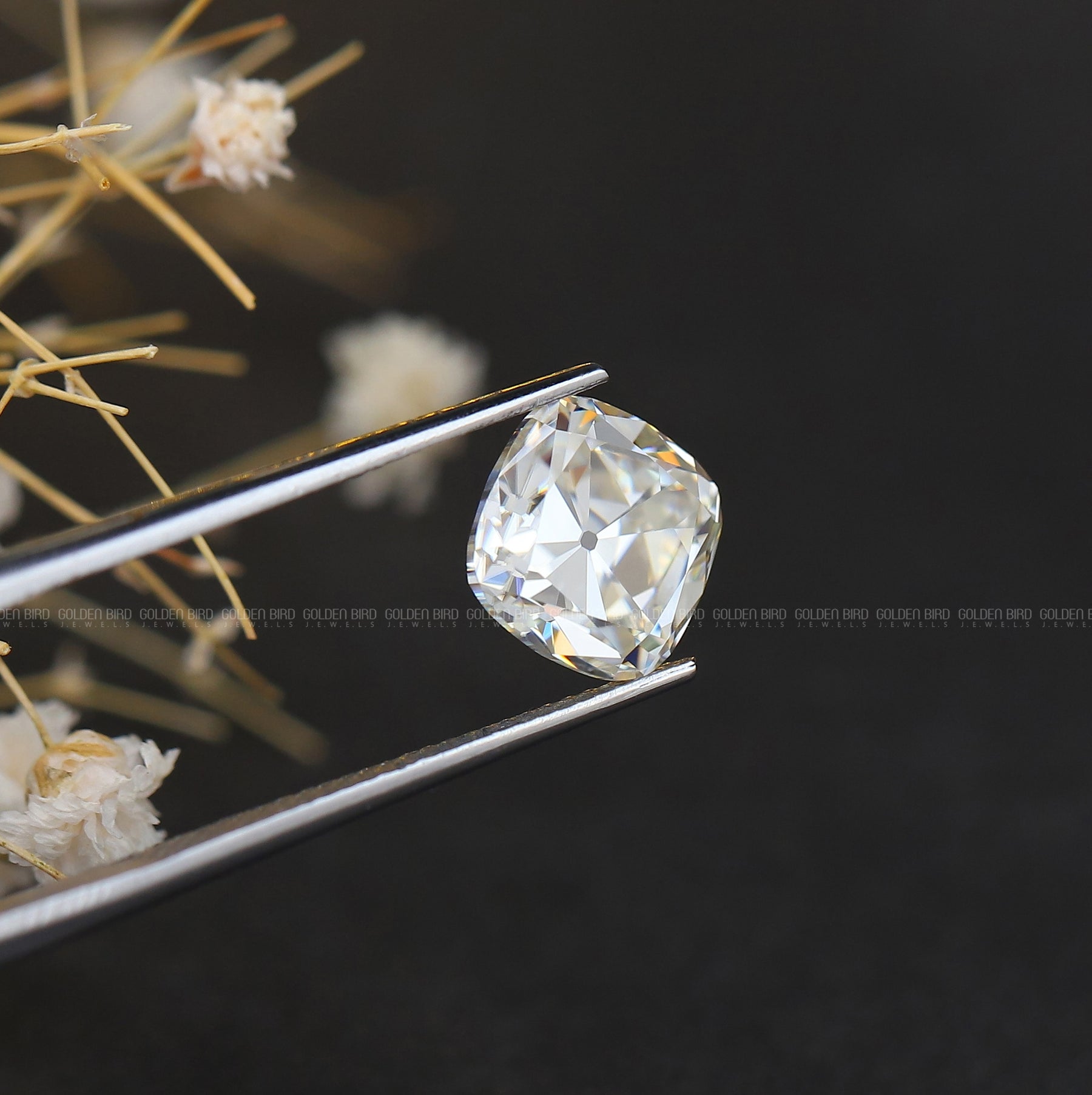 Tweezer view of Old Mine Cushion Cut Stone