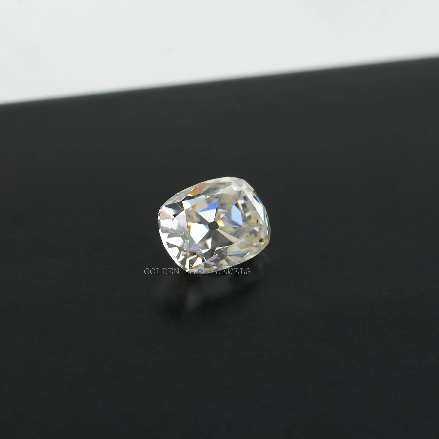 Close view of Old Mine Cushion Cut Loose Moissanite