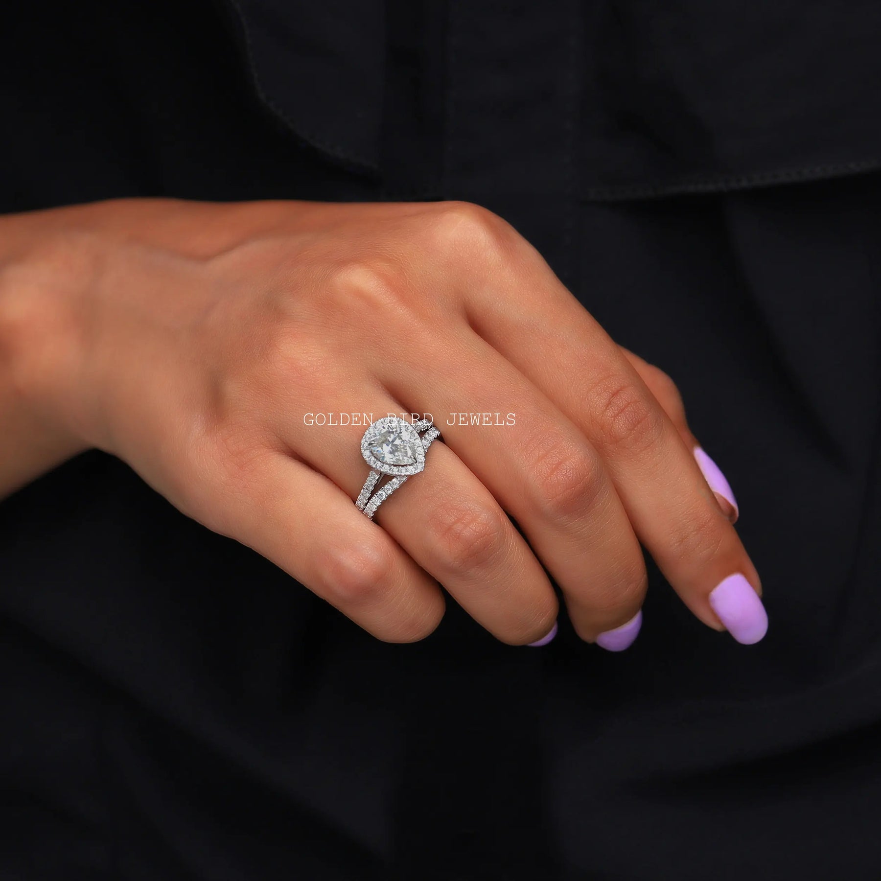 View of Pear Cut Moissanite Bridal Wedding Ring In Finger