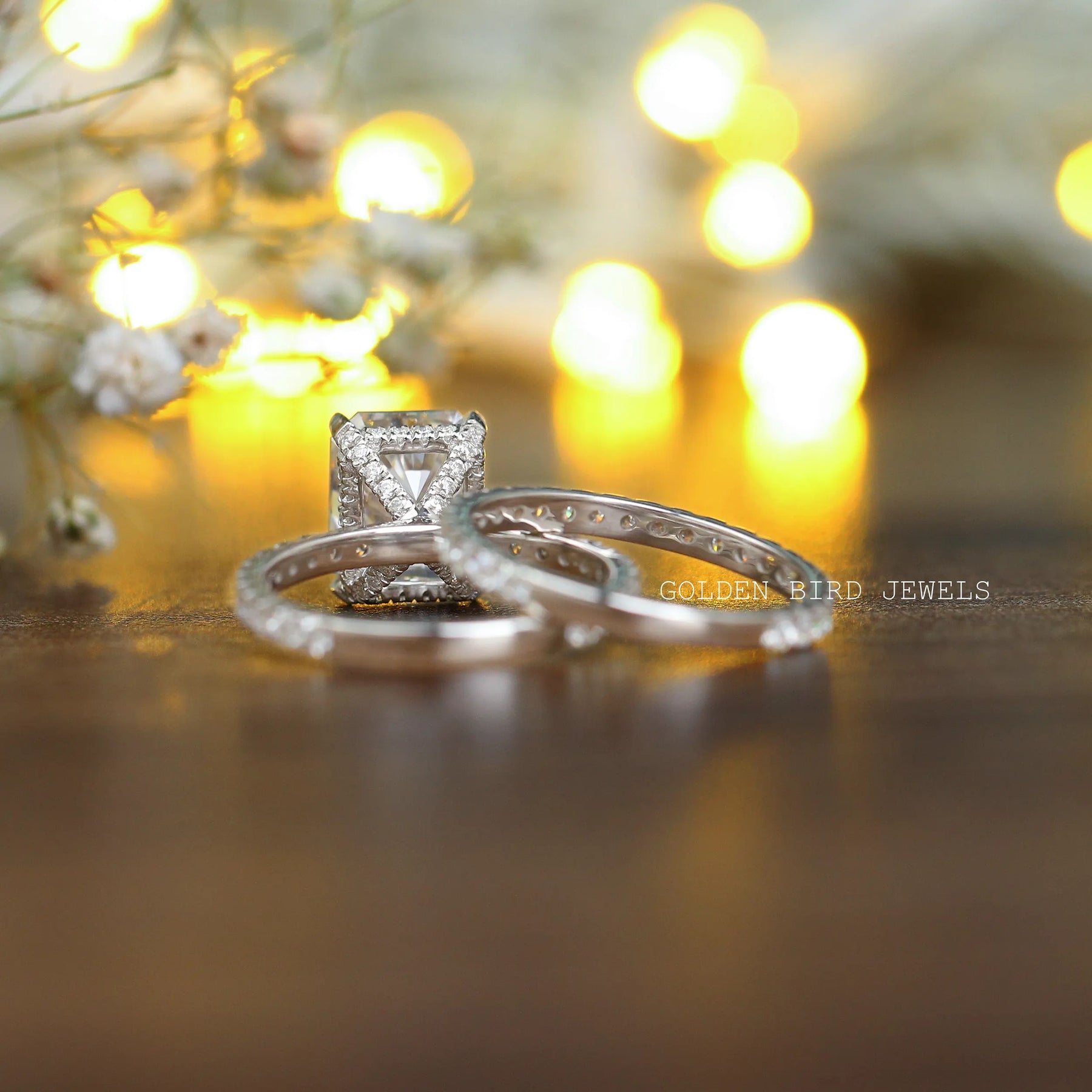 Back Side View Of 2.35 Carat Colorless Radiant Cut Moissanite Engagement Ring Set Made With 18K Solid White Gold